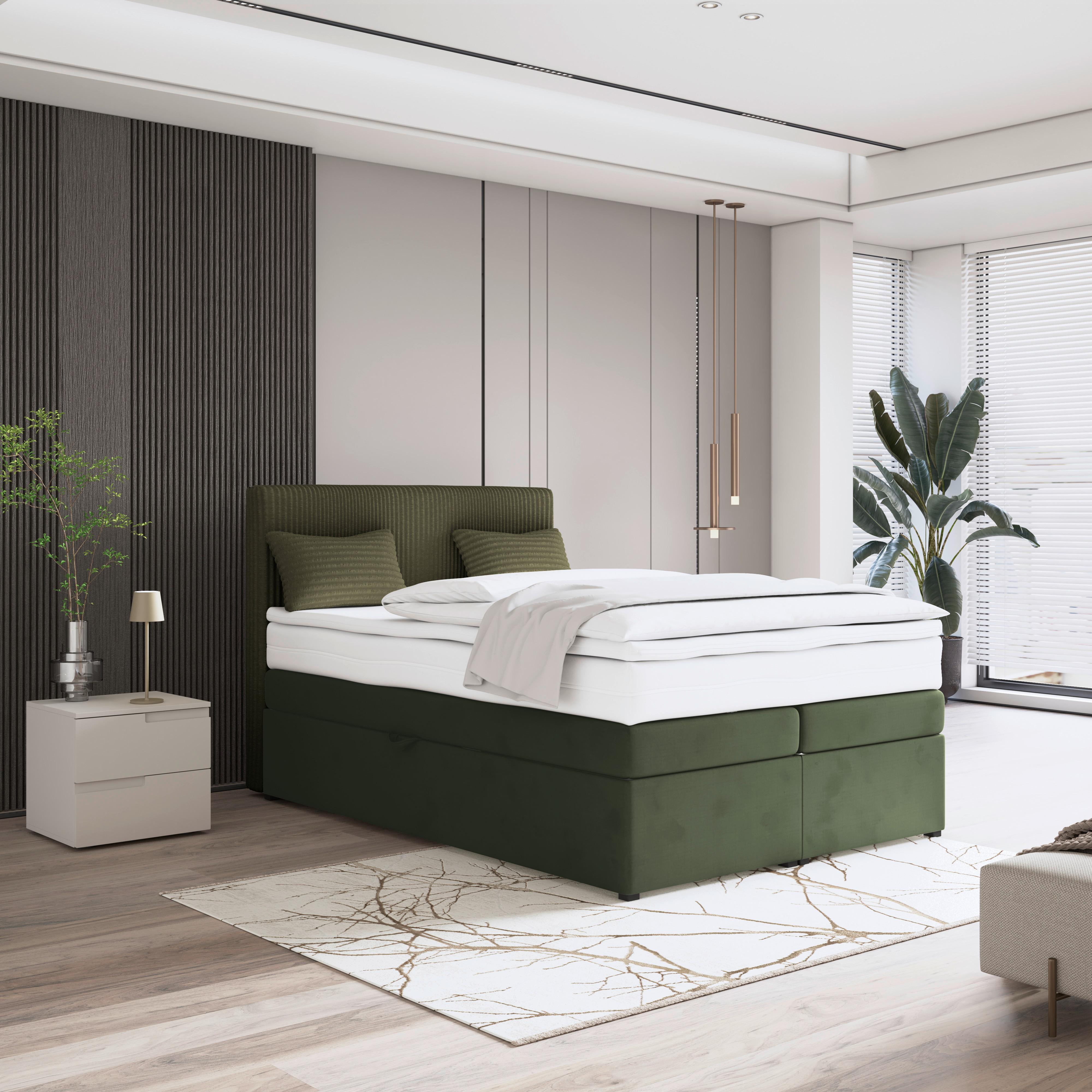 Boxspringbett mit Topper & Bettkasten 140x200 Rossa - Schwarz/Grün, MODERN, Holzwerkstoff/Textil (140/200cm)