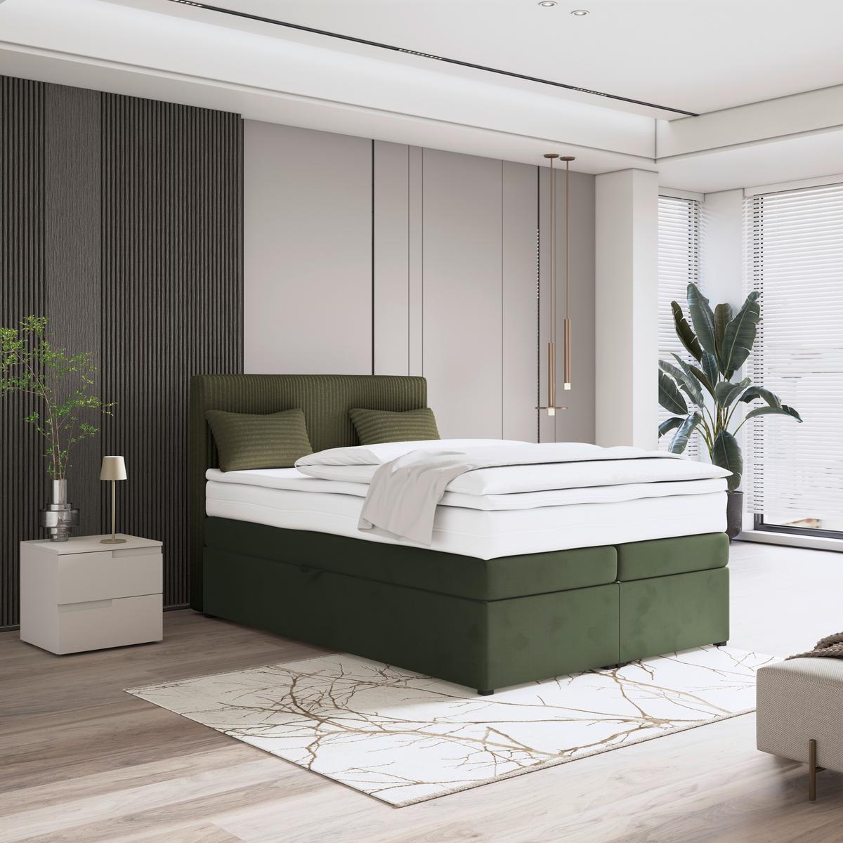 Boxspringbett mit Topper & Bettkasten 140x200 Rossa - Schwarz/Grün, MODERN, Holzwerkstoff/Textil (140/200cm)