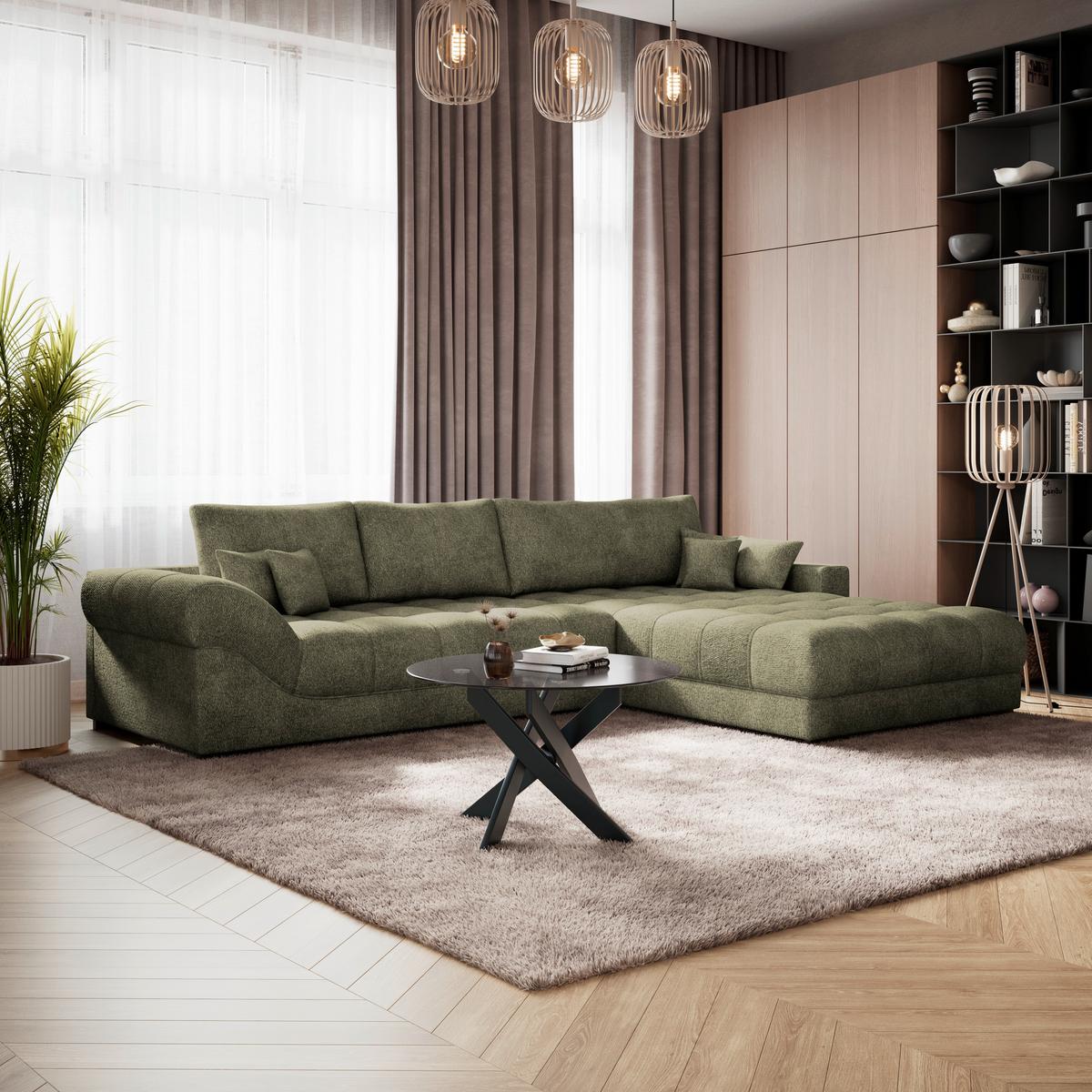 Boxspringecksofa Emil Webstoff dunkelgrün, S:343x217cm - Dunkelgrün/Schwarz, ROMANTIK / LANDHAUS, Holzwerkstoff/Textil (343/217cm)