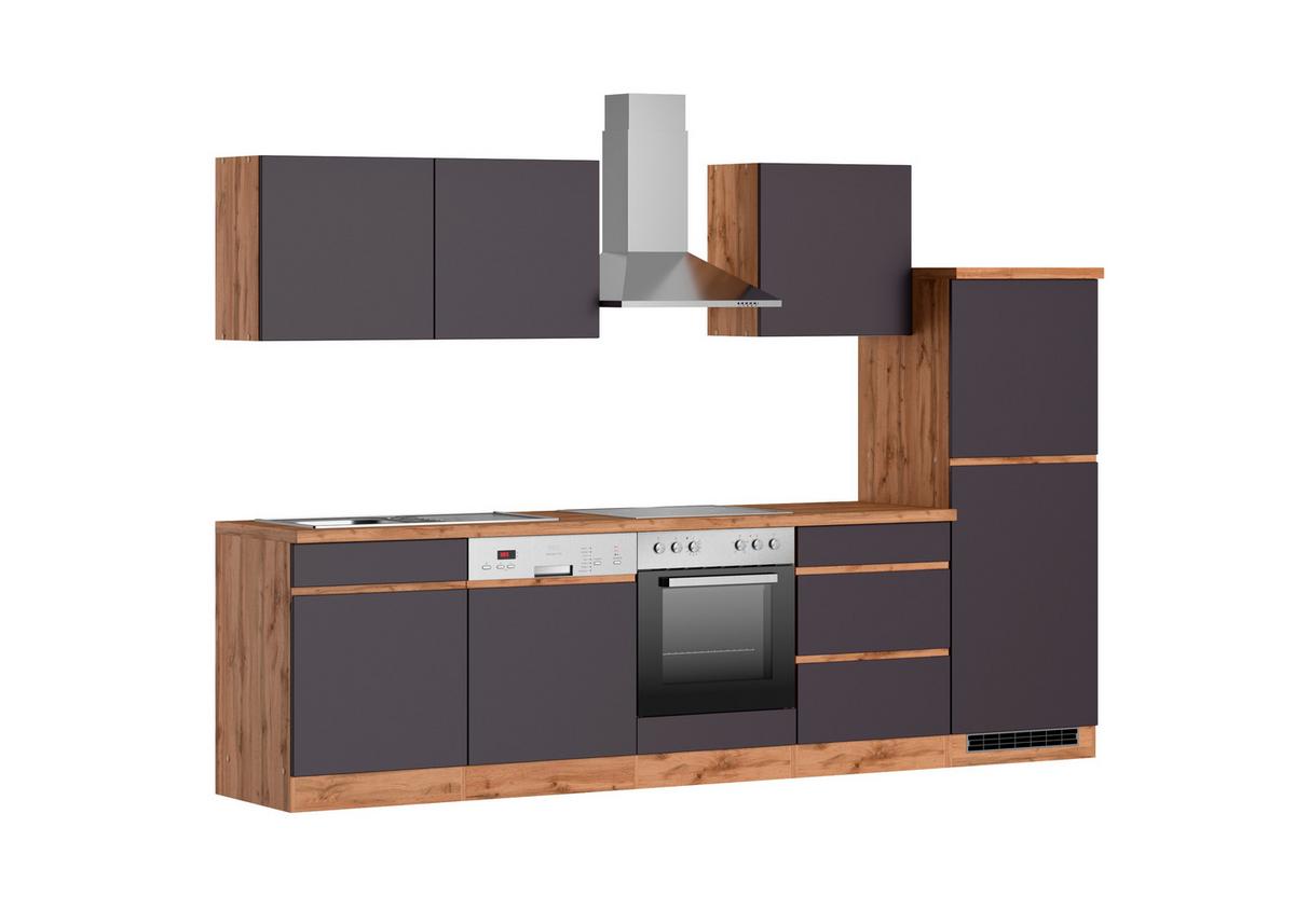 Küchenzeile Turin mit Geräten B: 300cm Grau/Wotaneiche Dekor - Eiche Wotan/Grau, Design, Holzwerkstoff (300cm) - Held