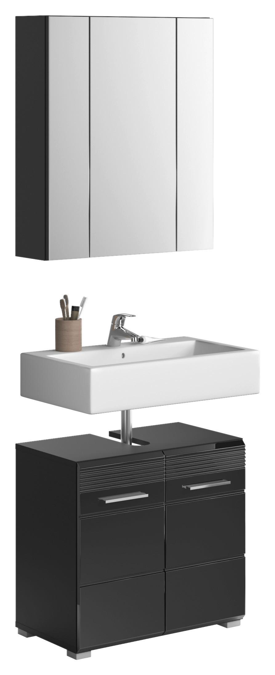 Badezimmer Linus Schwarz Hochglanz B:60cm - Schwarz Hochglanz/Silberfarben, MODERN, Glas/Holzwerkstoff (60cm) - MID.YOU