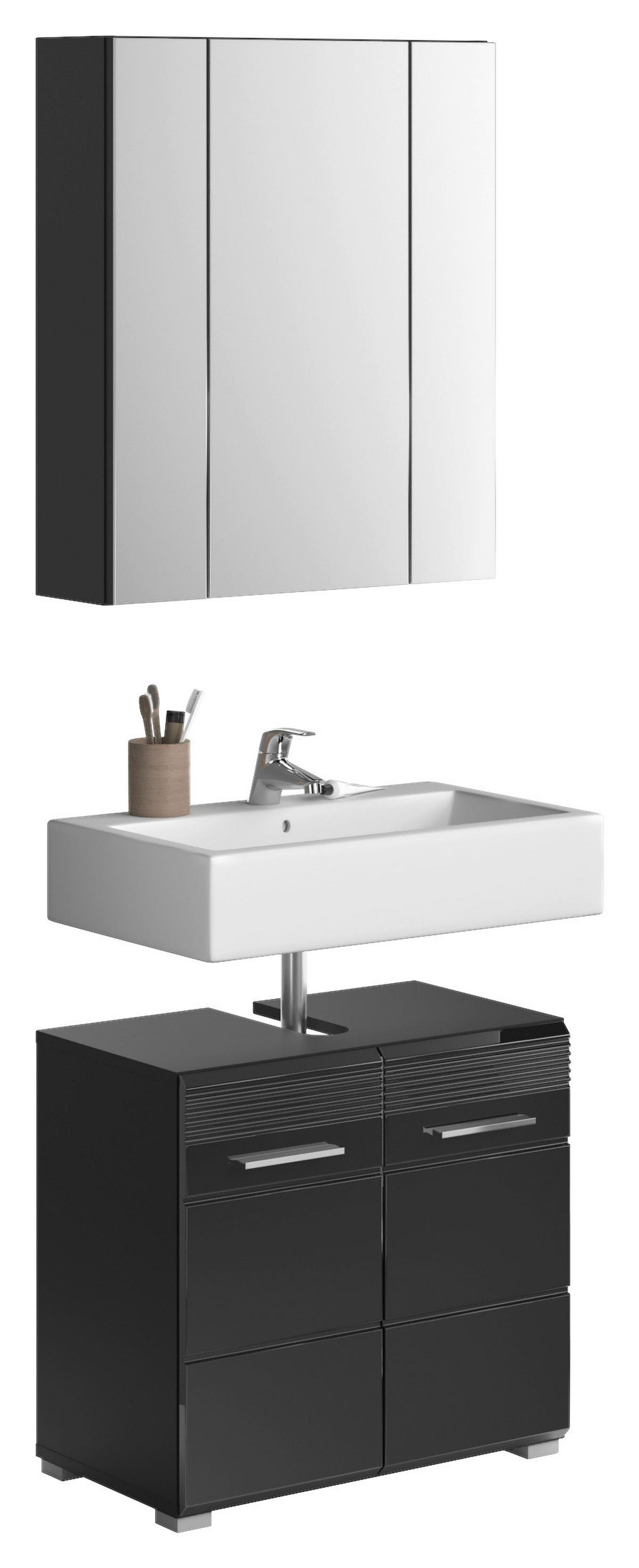 Badezimmer Linus Schwarz Hochglanz B:60cm - Schwarz Hochglanz/Silberfarben, MODERN, Glas/Holzwerkstoff (60cm) - MID.YOU