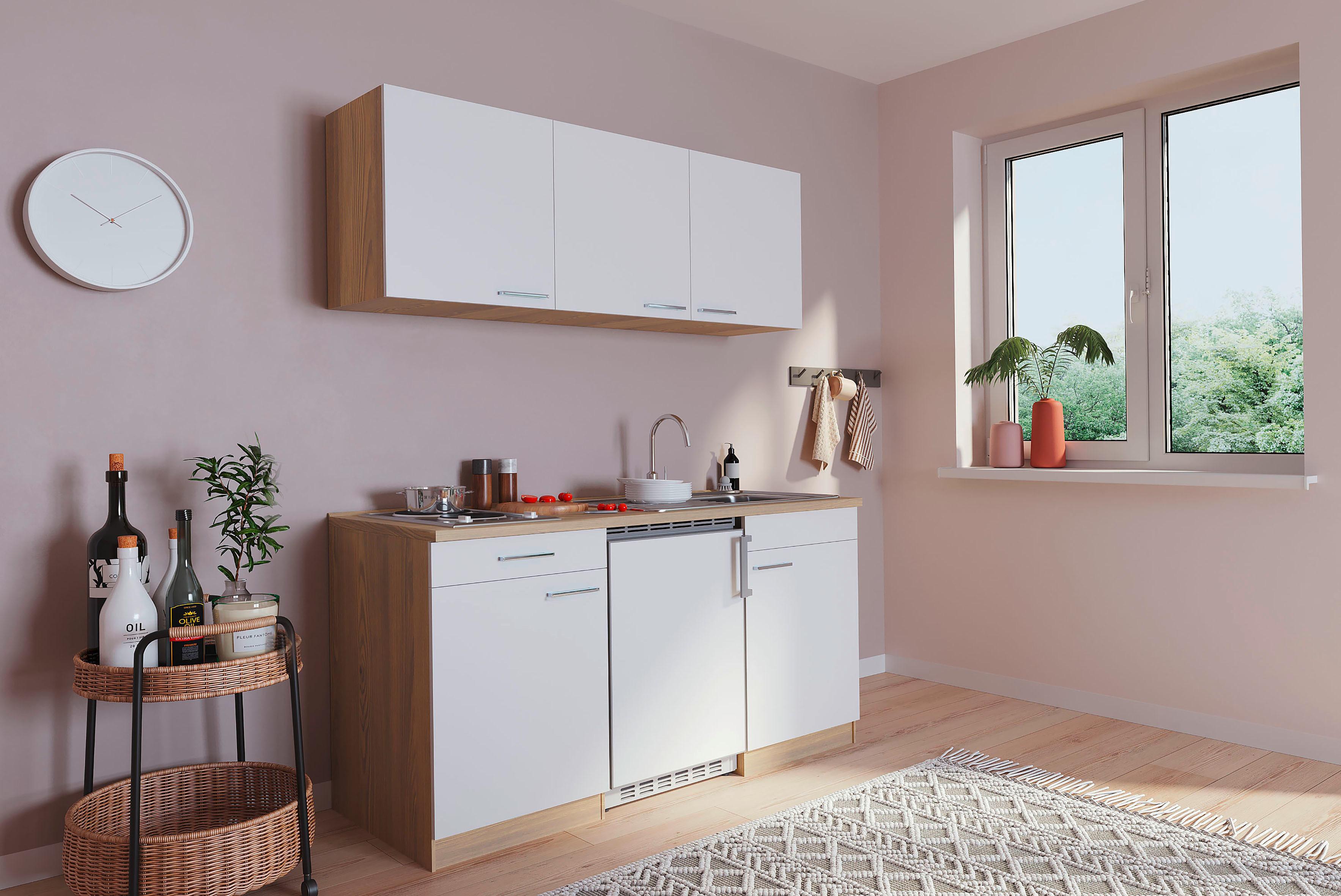 Miniküche mit Kühlschrank + Kochfeld 150 cm Weiß /Eiche - Eichefarben/Weiß, Basics, Holzwerkstoff (150cm) - Respekta