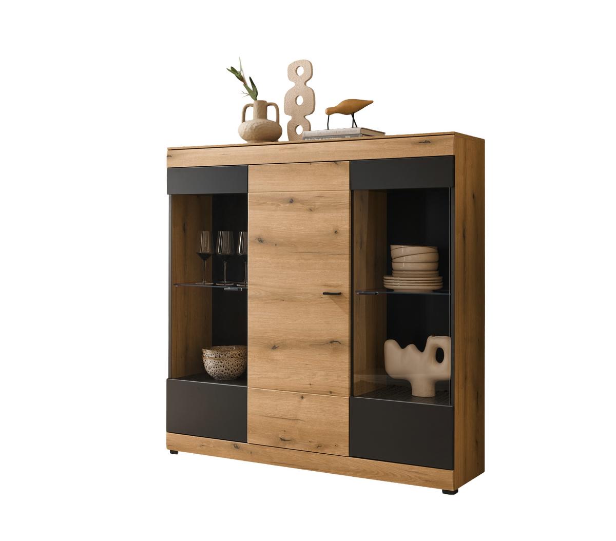 Highboard Soleto Graphit-/Eichefarben B: 140cm - Eichefarben/Schwarz, Design, Glas/Holzwerkstoff (140/141/35cm) - MID.YOU