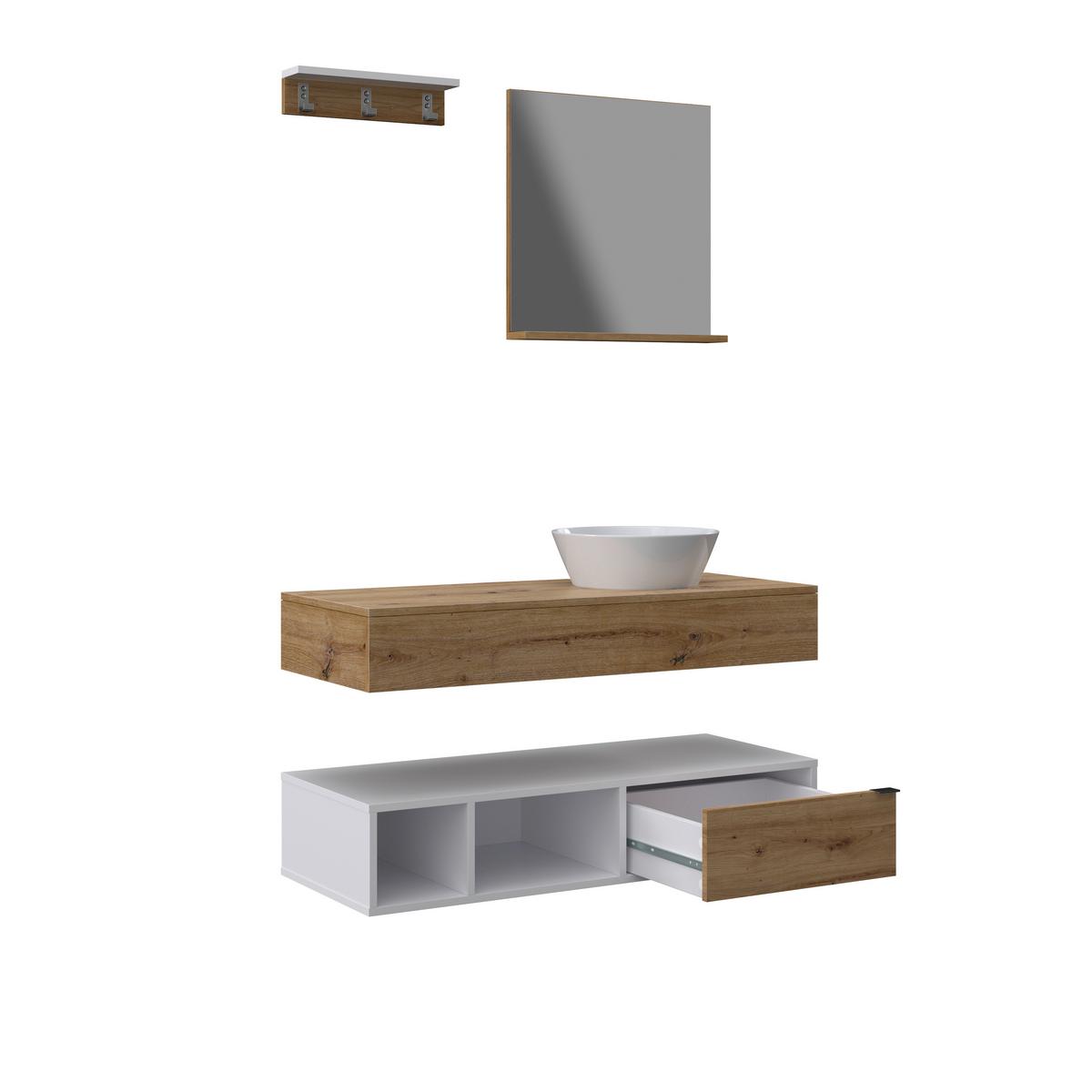 Koupelna Wick 5 -dílná přírodní/bílá - bílá/přírodní barvy, Moderní, kov/kompozitní dřevo - Bessagi Home