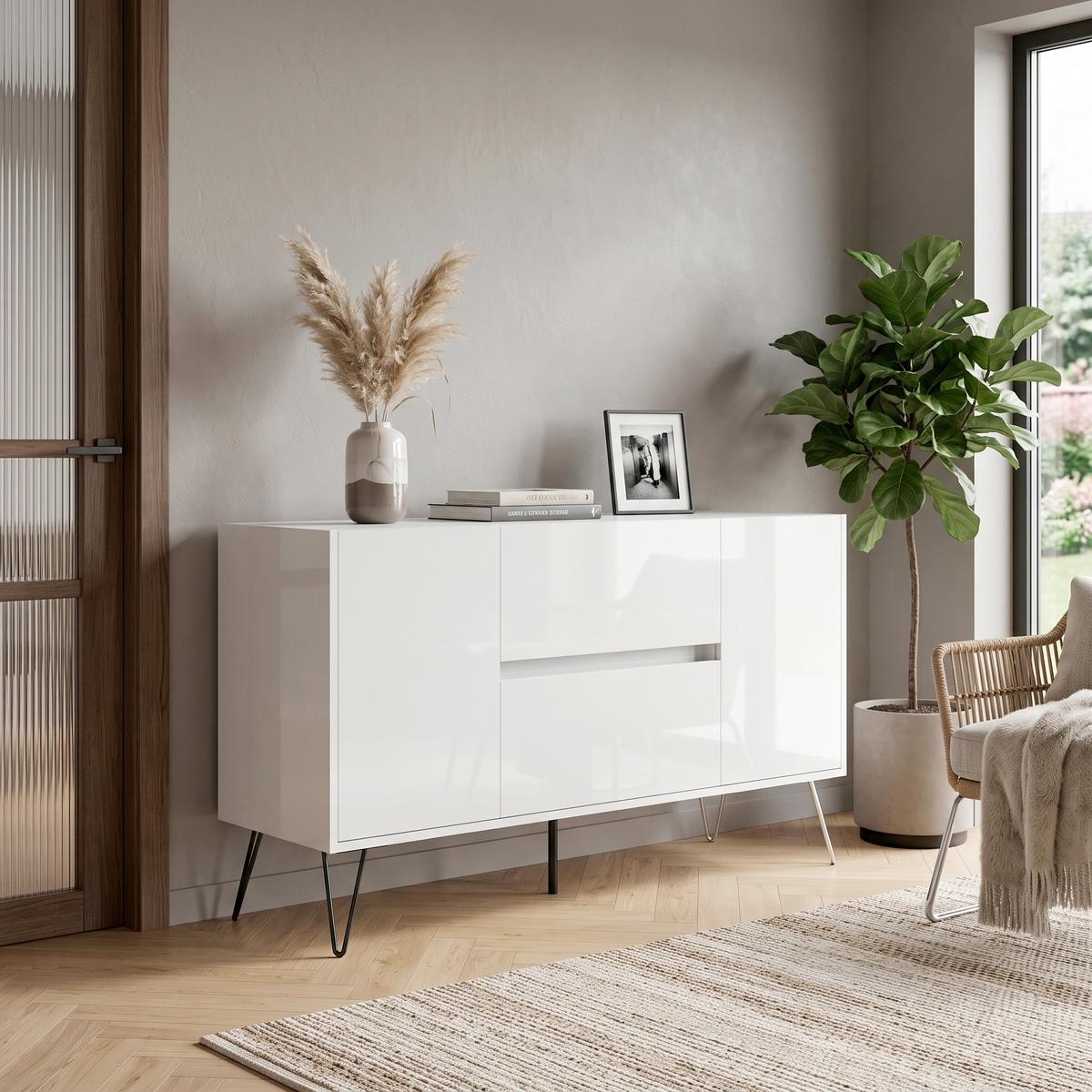 Sideboard Posseik Industrial Weiß B: 139 cm - Weiß Hochglanz/Schwarz, Design, Holzwerkstoff (139/75,8/42cm) - MID.YOU