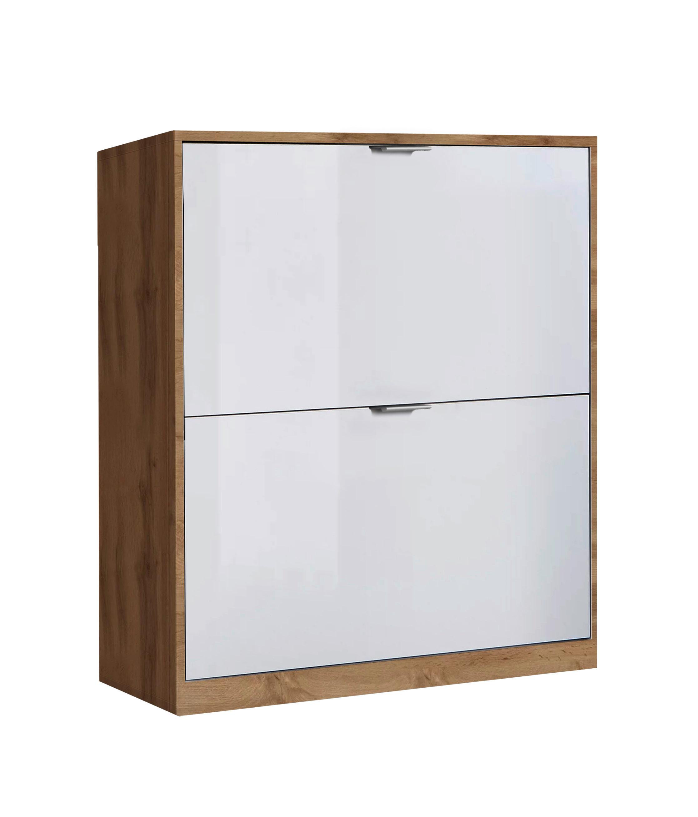 Cipősszekrény Yoro 2 64/82,4cm - Wotan tölgy/magasfényű fehér, Konventionell, faalapú anyag (64/82,4/19cm)