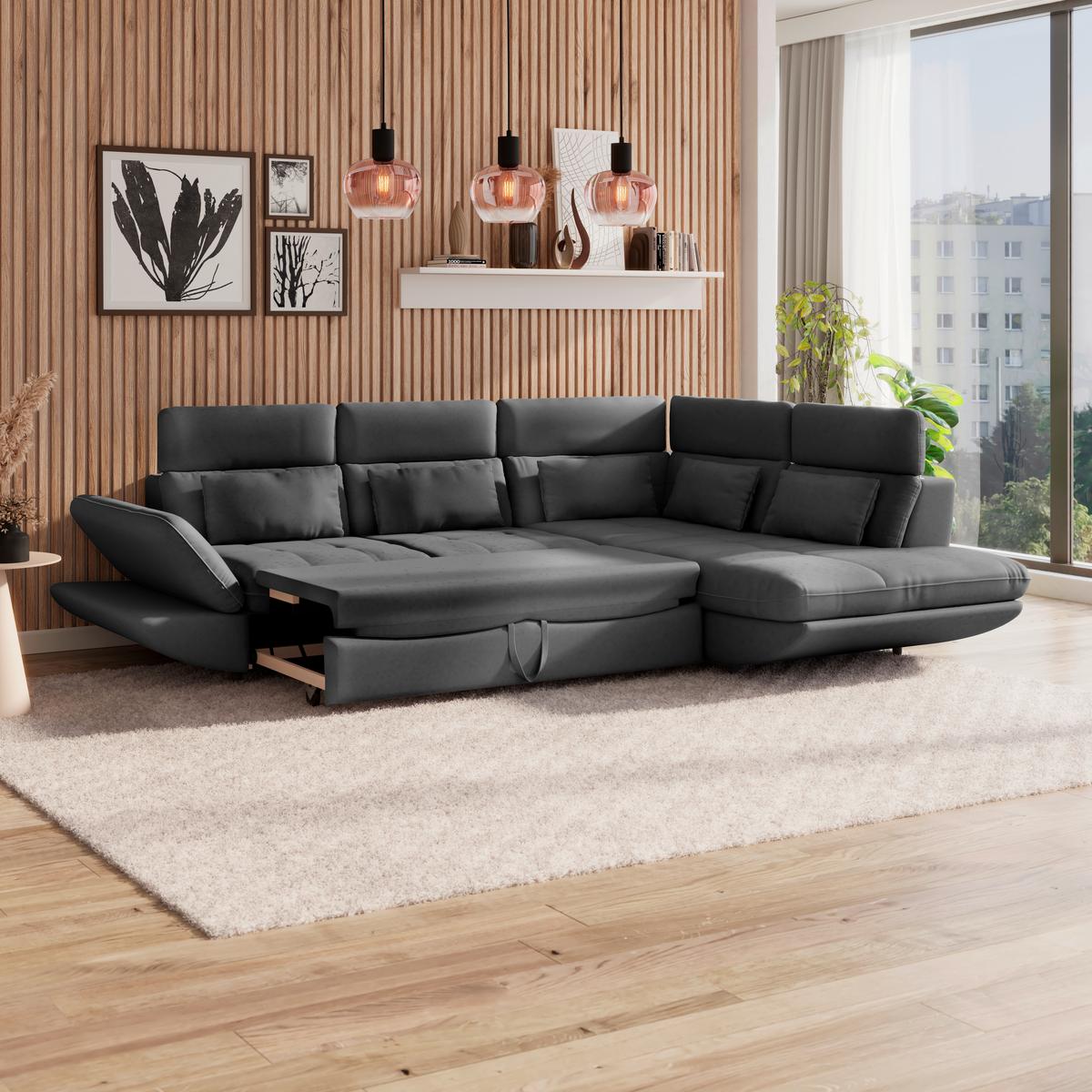 Wohnlandschaft Park mit Schlaffunktion Anthrazit - Anthrazit/Schwarz, MODERN, Textil (233/311cm) - Luca Bessoni