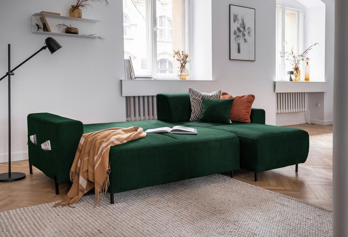 Ecksofa Cuddly Mia Flaschengrün S: 260x165 cm - Dunkelgrün/Schwarz, Textil (260/165cm) - MID.YOU