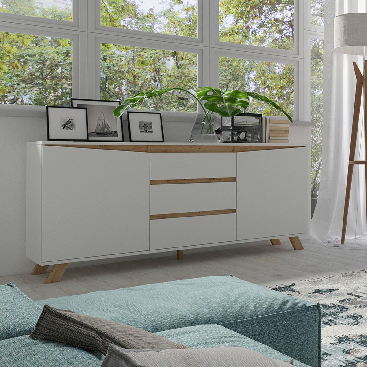 Sideboard B: 180 cm Valentin 03, Weiß/Eiche Dekor - Eiche Artisan/Weiß, MODERN, Holzwerkstoff (180/76/38cm) - MID.YOU