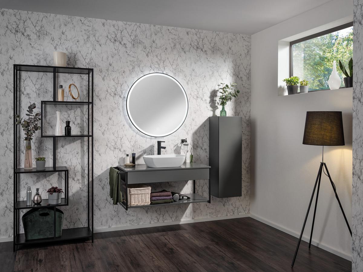 Wandspiegel New York Rund DM: 80cm Glas Schwarz + Rahmen Led - Schwarz, MODERN, Glas (80/80/3cm) - MID.YOU