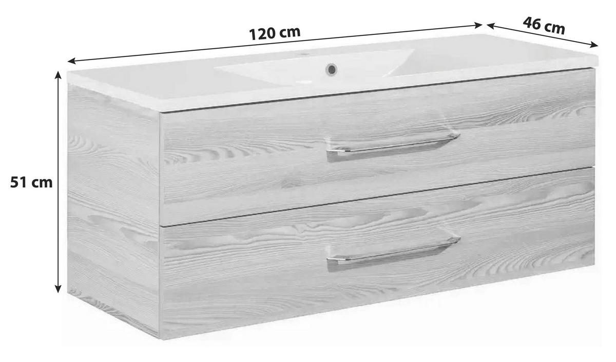 Waschbecken mit Unterschrank Clever B: 120 cm Eschefarben - Eschefarben/Weiß, MODERN, Holzwerkstoff/Kunststoff (120cm) - MID.YOU
