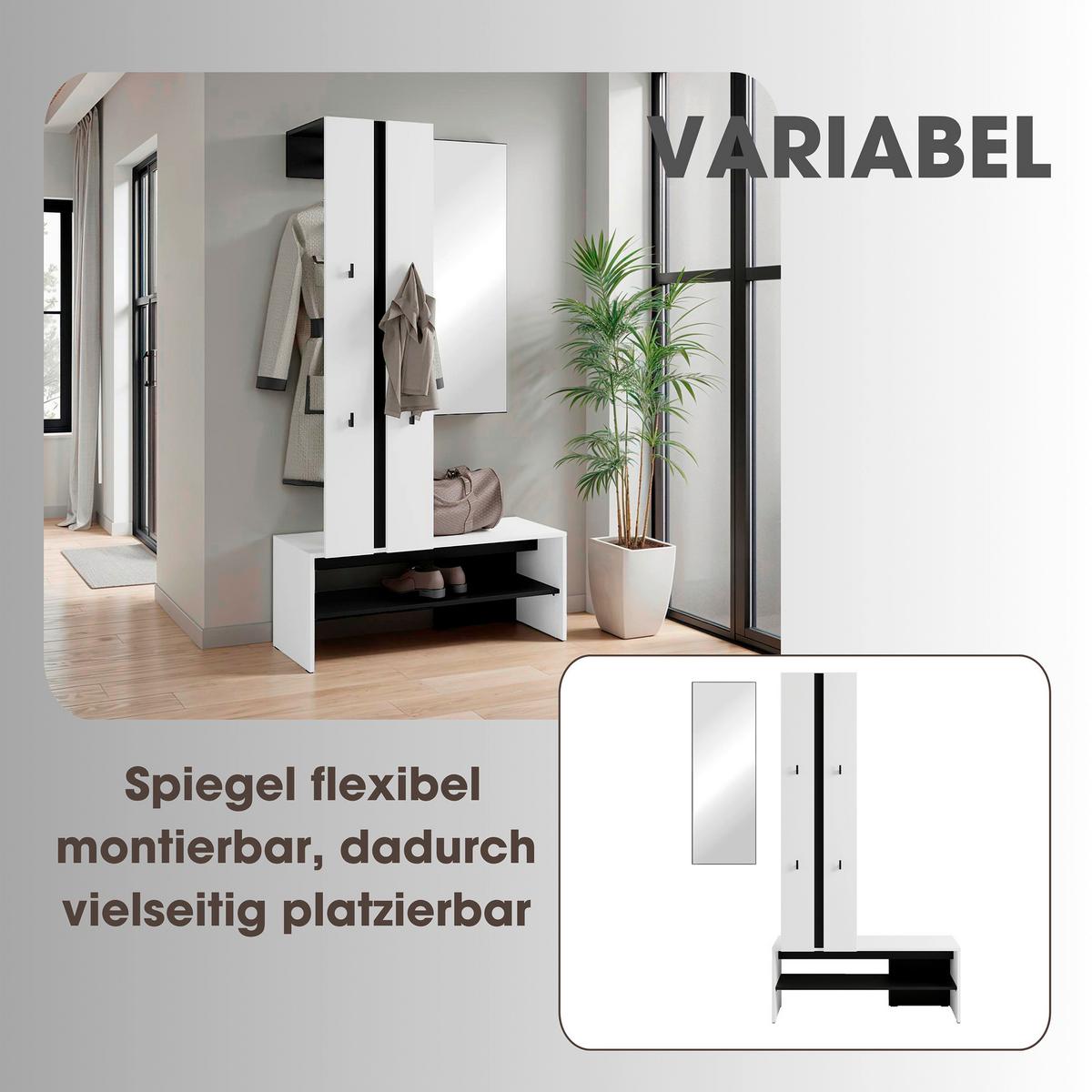 Garderobe Nante Set Weiß/schwarz B: 100 Cm - Schwarz/Weiß, Design, Holzwerkstoff (100/186/40cm) - MID.YOU