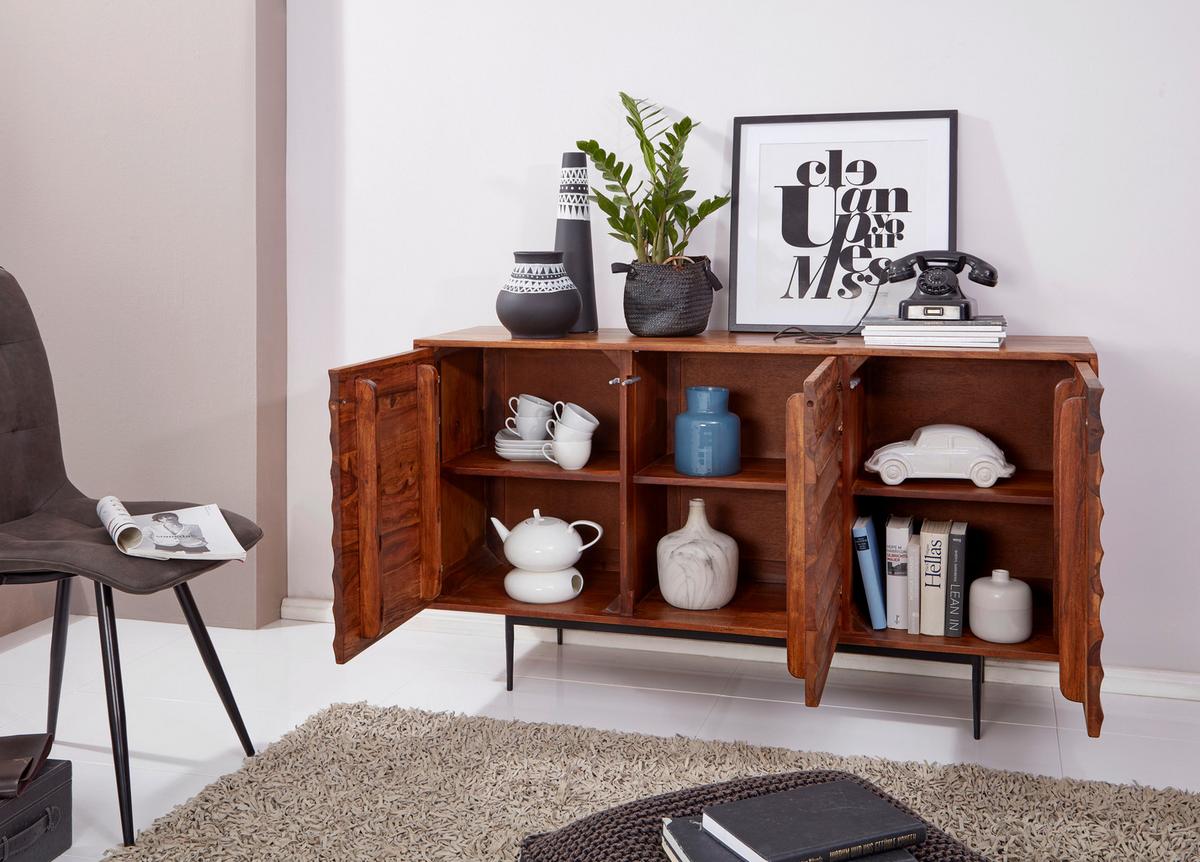 Sideboard 150 cm Sheesham, Sheeshamfarben - Sheeshamfarben/Schwarz, Design, Holz (150/81/41cm) - MID.YOU