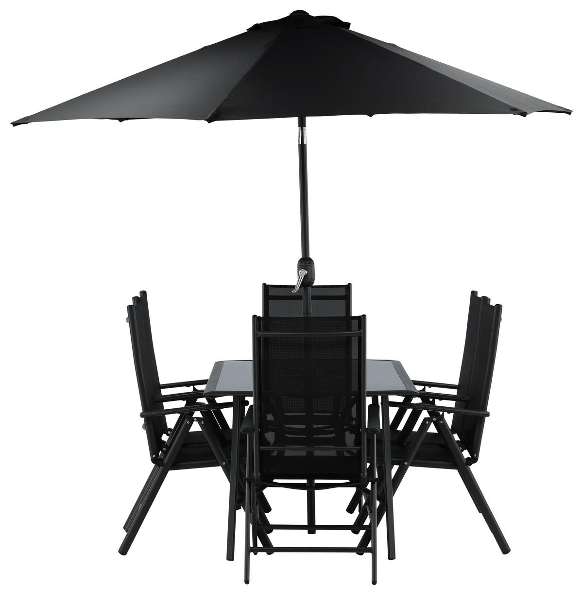 Gartentischgruppe 8-Tlg Brekki aus Aluminium mit Schirm - Schwarz, KONVENTIONELL, Glas/Metall - Gardenson