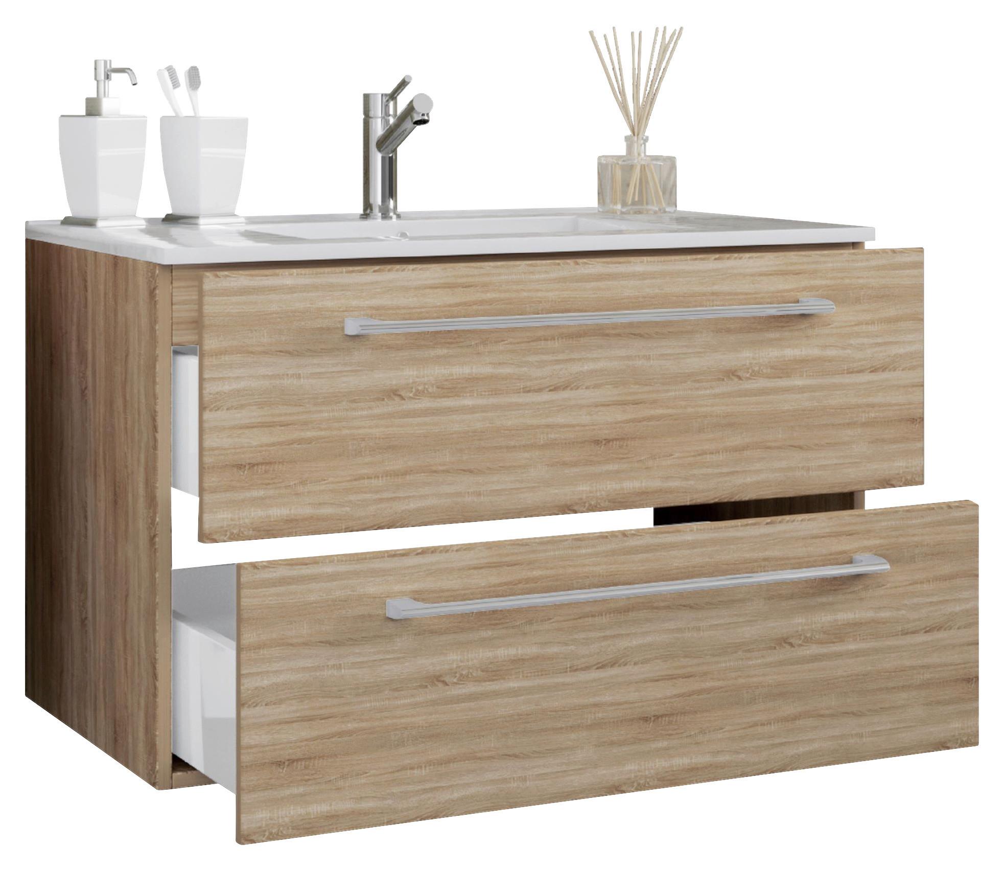 Waschbecken mit Unterschrank Badinos B: 61 cm Eiche Dekor - Weiß/Sonoma Eiche, MODERN, Keramik/Holzwerkstoff (61cm) - MID.YOU