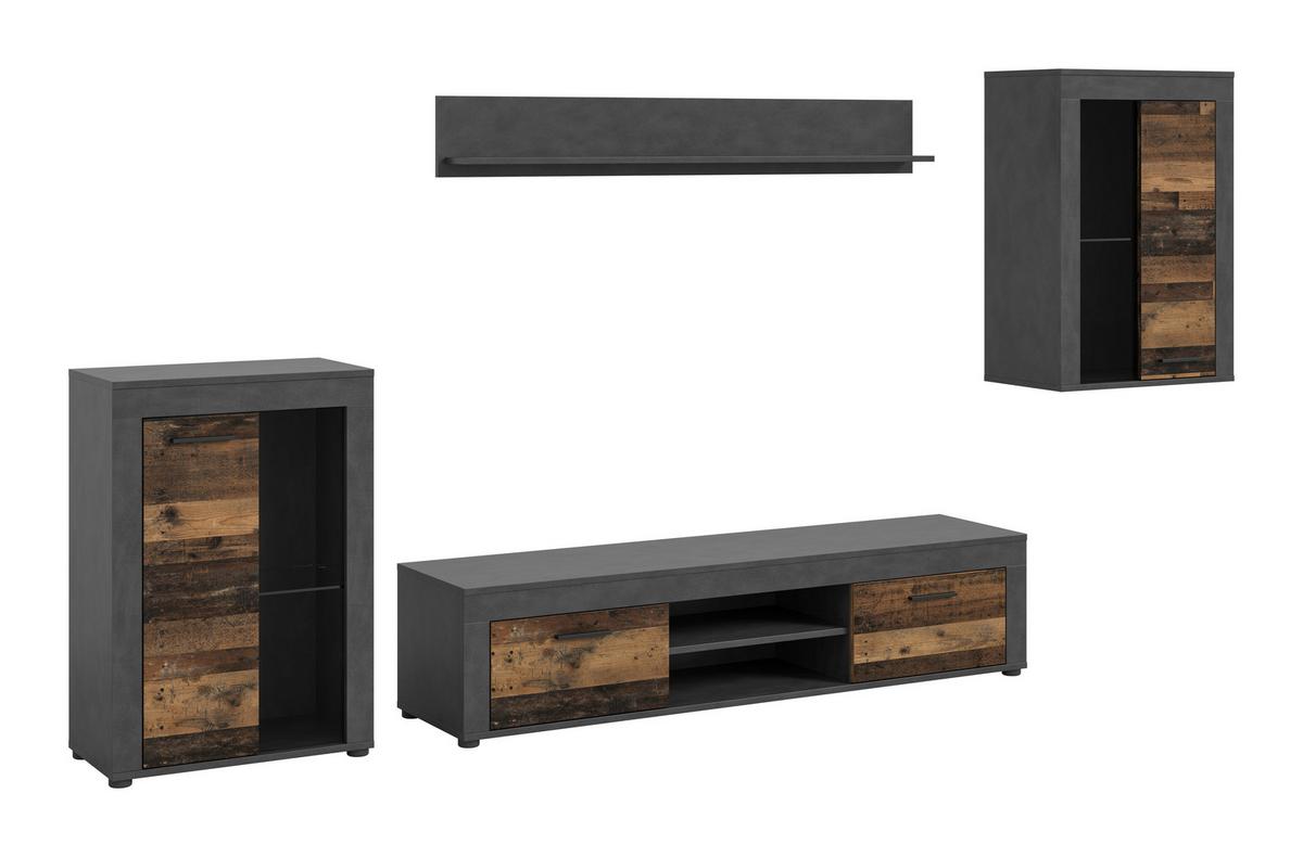 Wohnwand Jam Grau/Naturfarben B: 310 cm - Schwarz/Naturfarben, Design, Glas/Holzwerkstoff (310/169/35cm) - MID.YOU