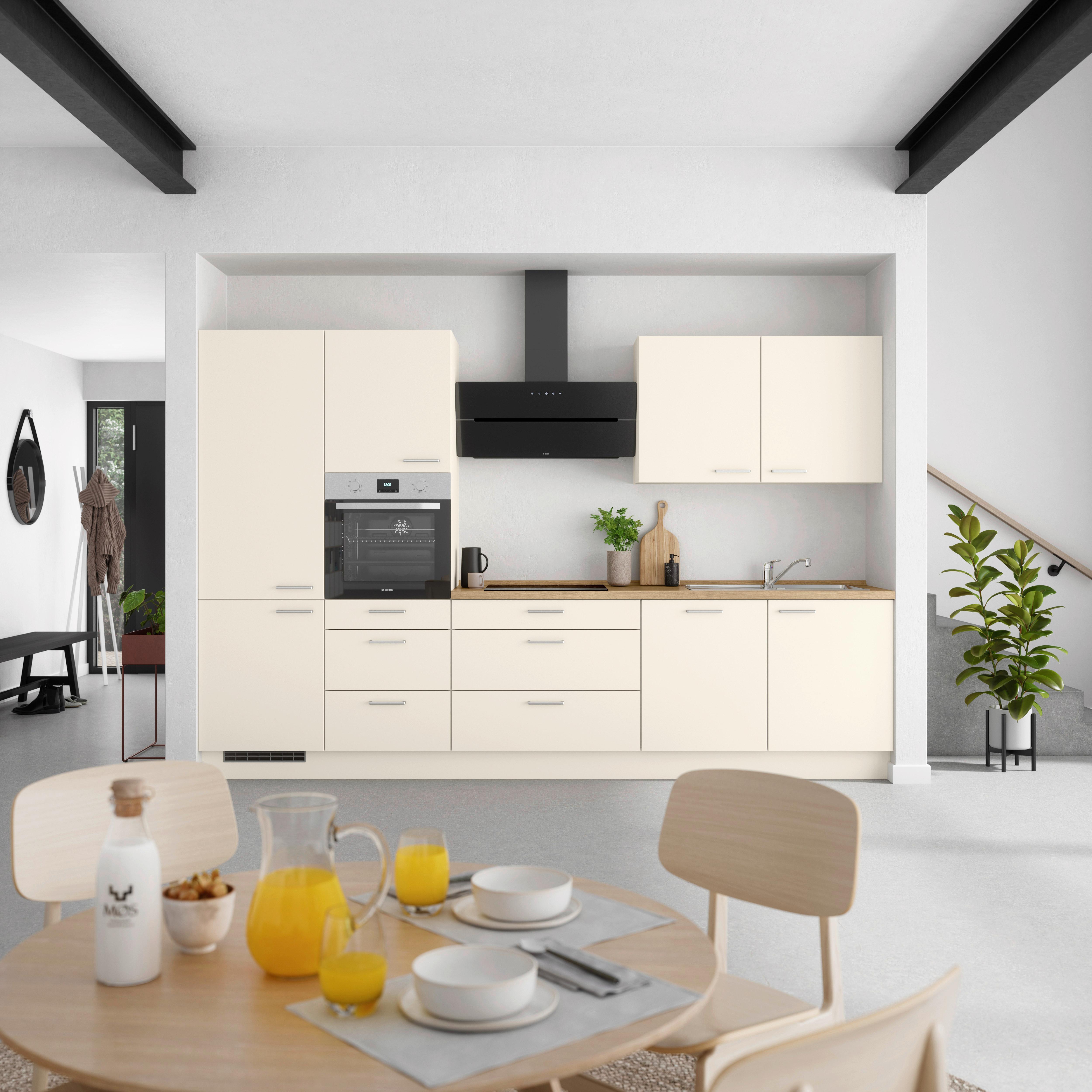 Kuchyňská linka 330 cm, magnoliová supermatná - barvy dubu/magnolie, Moderní, kov/kompozitní dřevo (330cm) - Nobilia