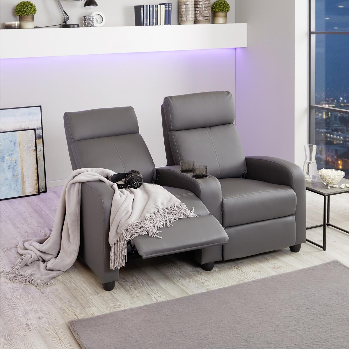 Heimkino-sofa Mit Relaxfunktion Movie Lederlook Grau - Schwarz/Grau, KONVENTIONELL, Textil (128/100/87cm) - MID.YOU