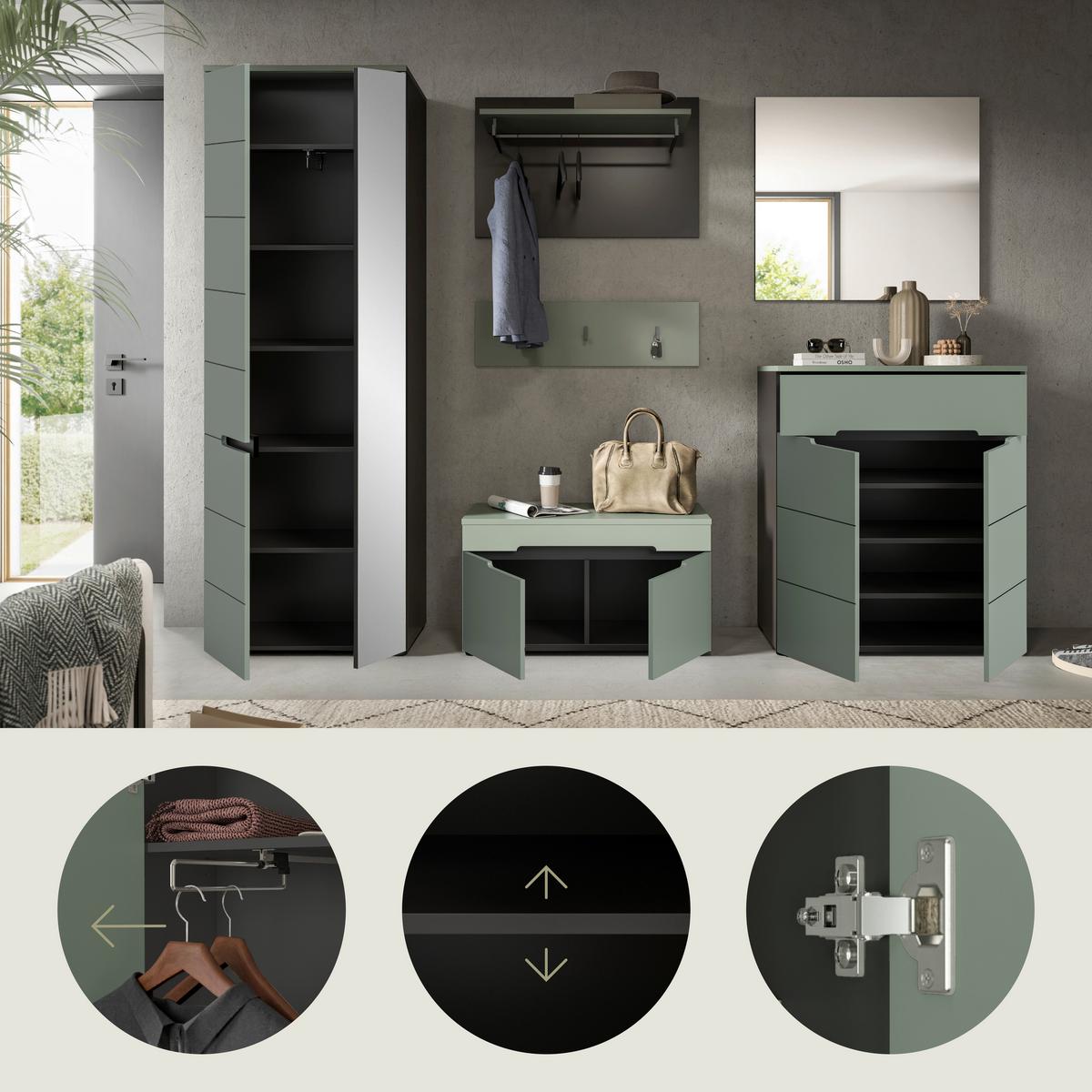 Garderobe Canu 5-Teilig Grau/Grün B: 255 cm - Graugrün/Grau, Design, Holzwerkstoff (255/190/37cm) - Livetastic