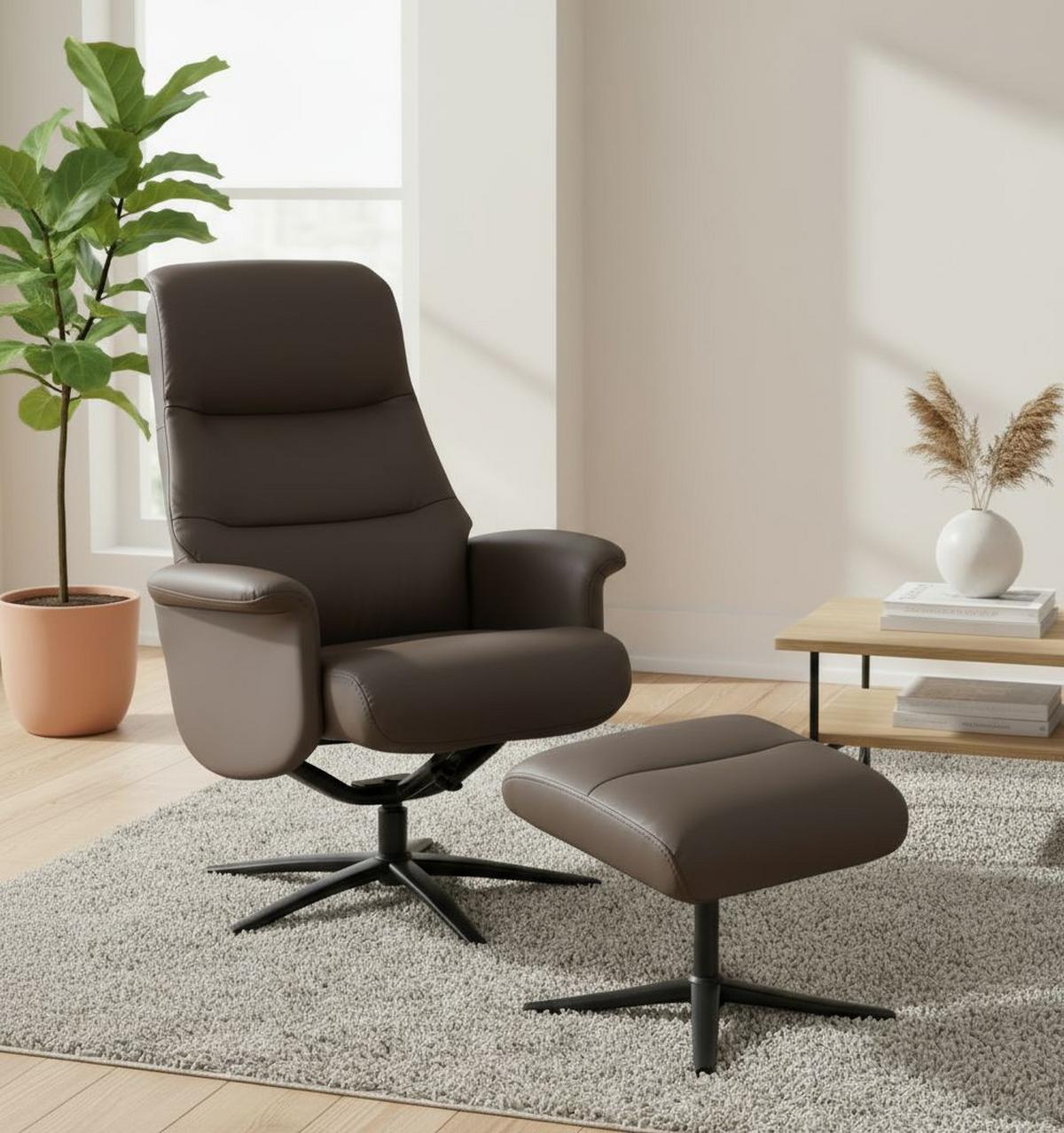 Relaxsesselset Repose Braun B: 76 Cm - Schwarz/Braun, Design, Leder/Textil (76/107/79cm) - Livetastic