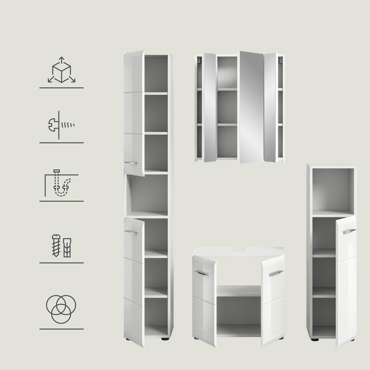 Badezimmer Ice Weiß Hg B: 120 Cm - Weiß Hochglanz/Schwarz, MODERN, Holzwerkstoff (120/185/31cm) - MID.YOU