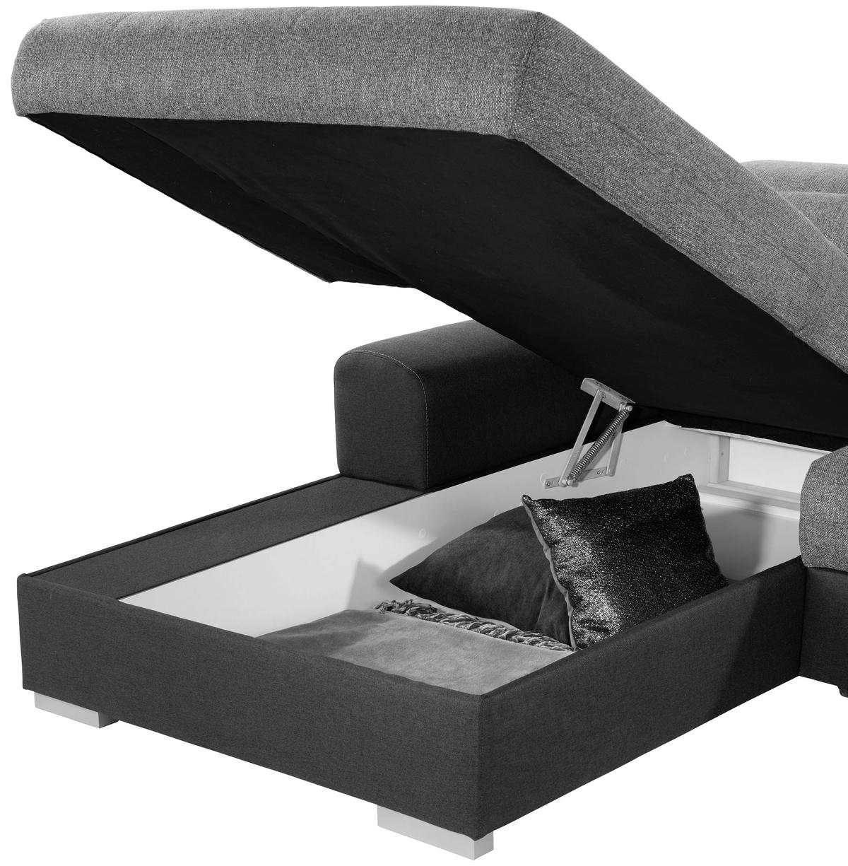 Ecksofa mit Schlaffunktion + Bettkasten Malaga, Webstoff - Dunkelgrau/Silberfarben, KONVENTIONELL, Textil (203/286cm) - Ondega