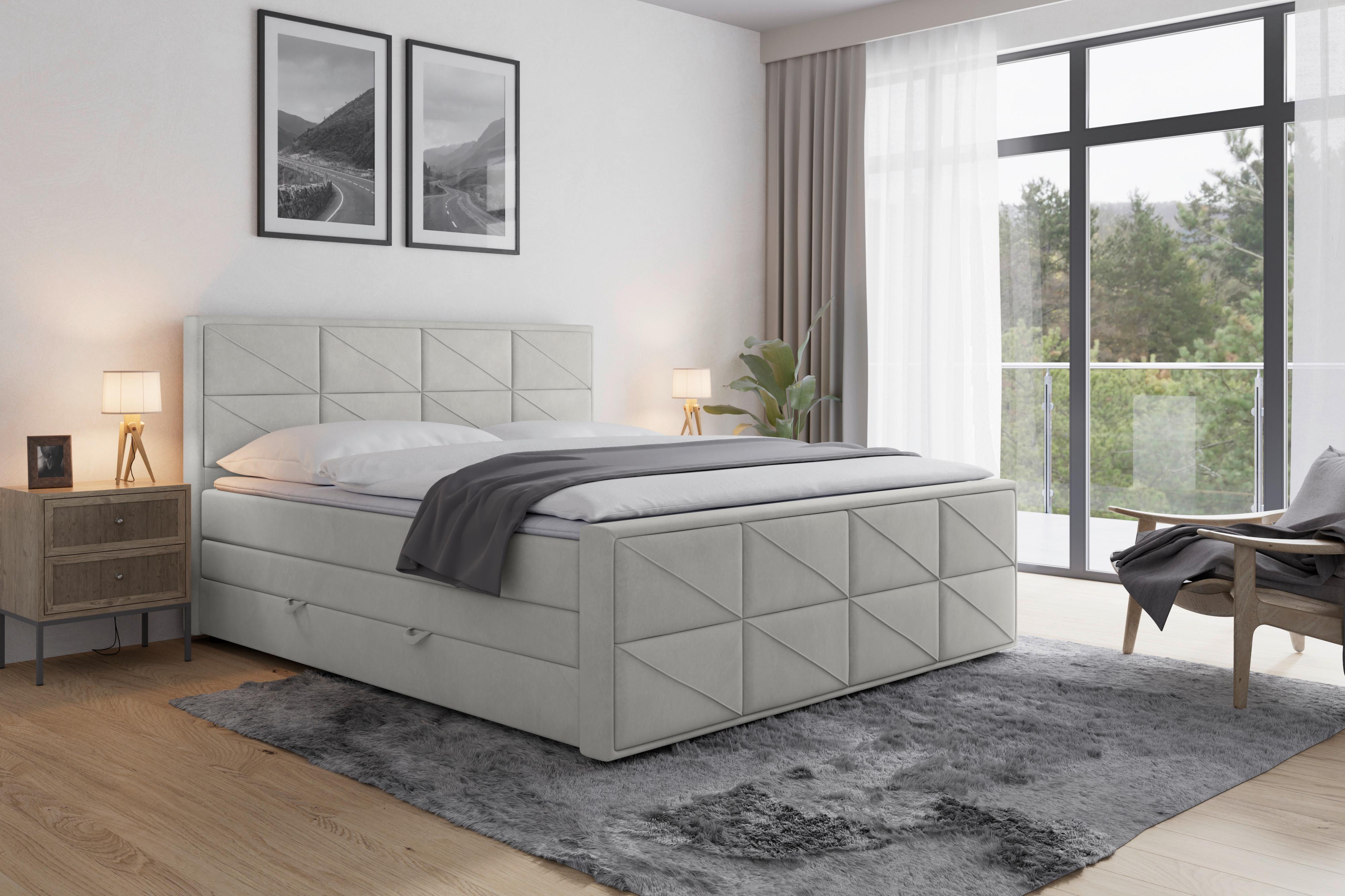 Boxspringbett Helsinki inkl.bettkasten, L: 180 cm - Hellgrau/Schwarz, MODERN, Karton/Holzwerkstoff (180/200cm) - MID.YOU