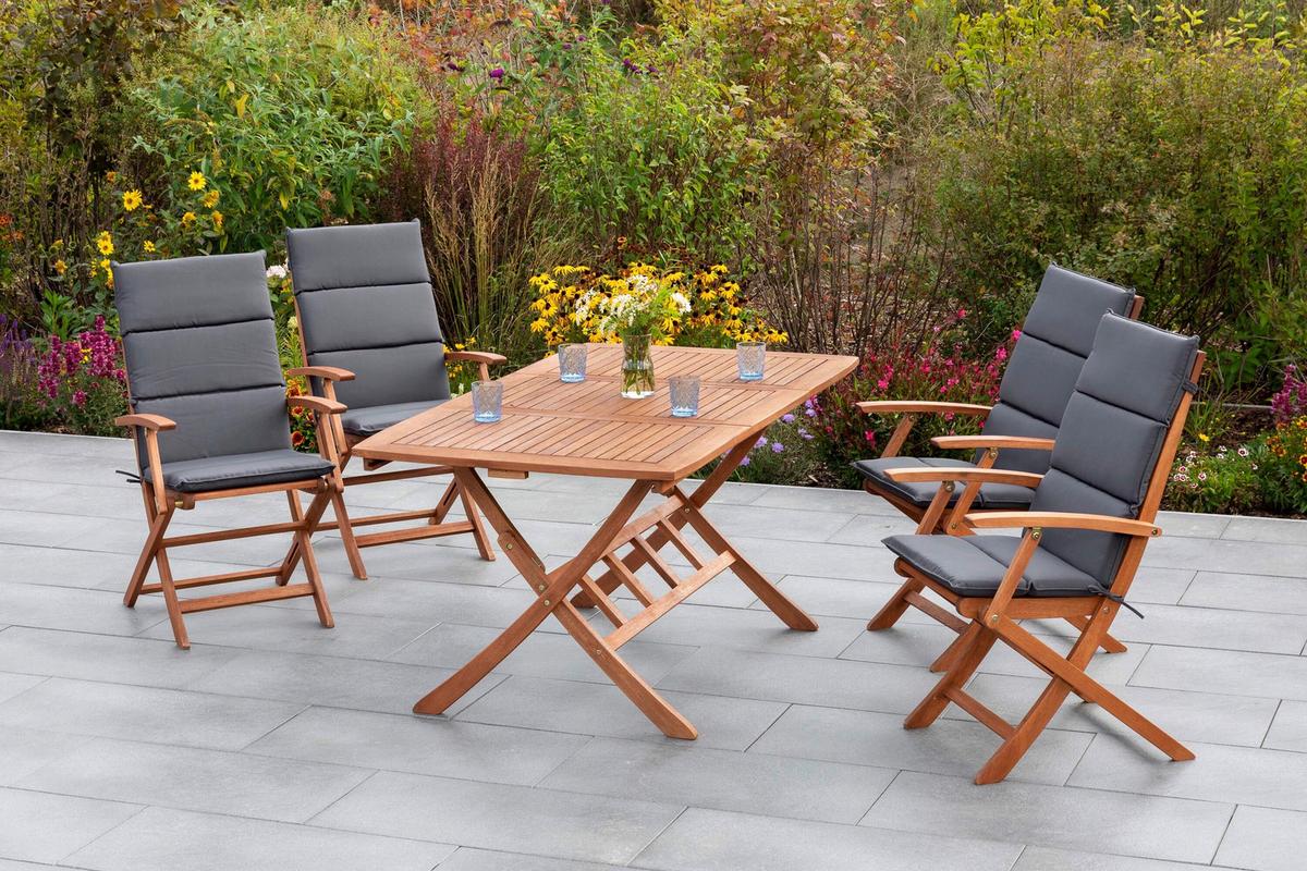 Gartentischgruppe Comodoro 9 -Teilig. Grau/Naturfarben - Eukalyptusholzfarben/Grau, KONVENTIONELL, Holz/Textil - Gardenson