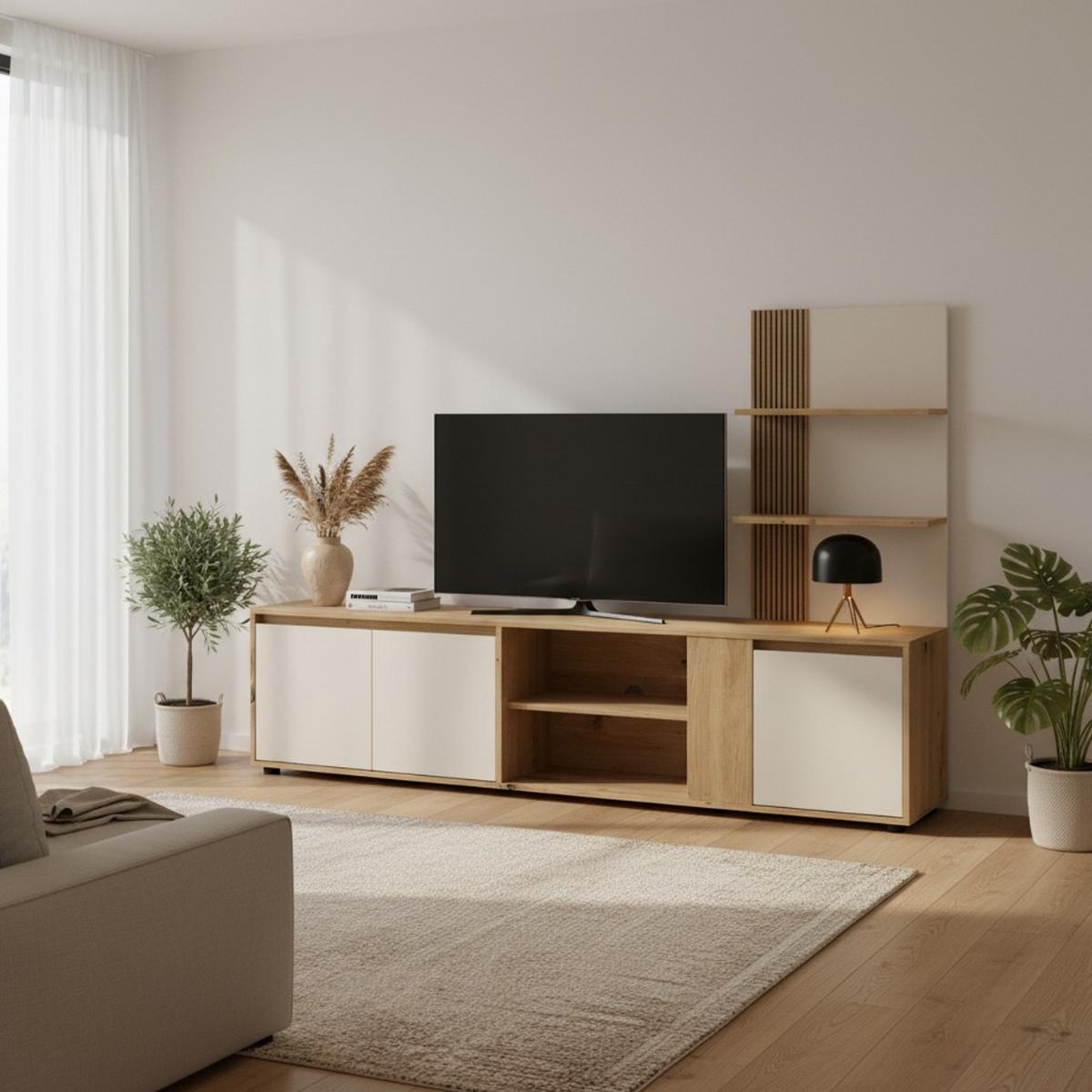 Wohnwand Caneva 2 Kaschmir/Eichefarbe B: 202,5cm - Kaschmir/Eiche Artisan, Design, Holzwerkstoff (202,5/133,5/40,3cm) - Livetastic