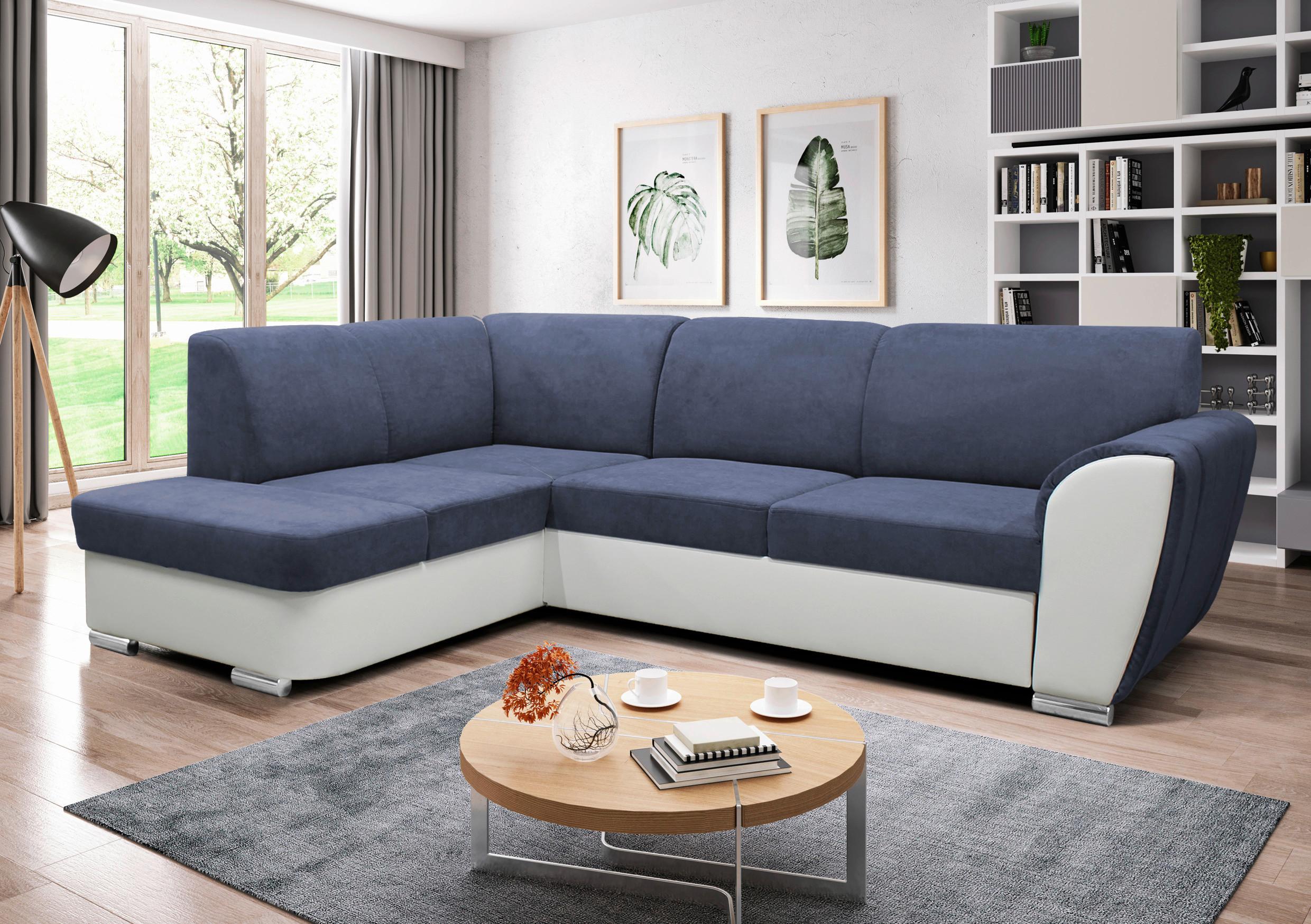 Ecksofa Mit Bettkasten Doris Rücken Echt Blau/weiß - Blau/Silberfarben, Design, Textil (196/255cm) - MID.YOU