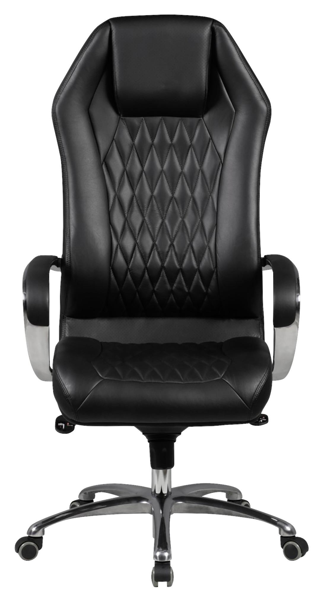 Chefsessel Monterey Echtleder mit Armlehnen + Wippfunktion - Schwarz/Alufarben, MODERN, Leder/Kunststoff (67/136/67cm) - MID.YOU