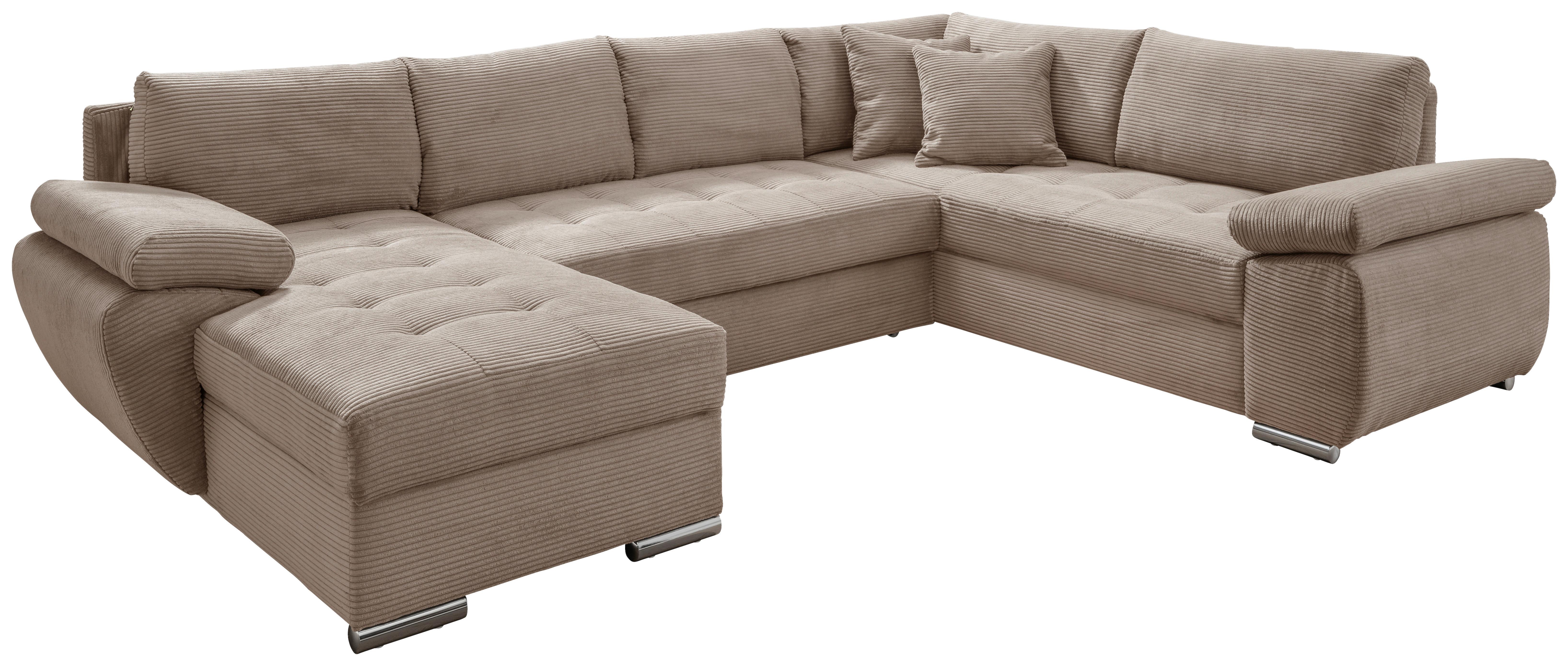 Wohnlandschaft Terana mit Schlaffunktion, Goldbraun - Chromfarben/Graubraun, KONVENTIONELL, Textil (157/305/219cm) - Livetastic