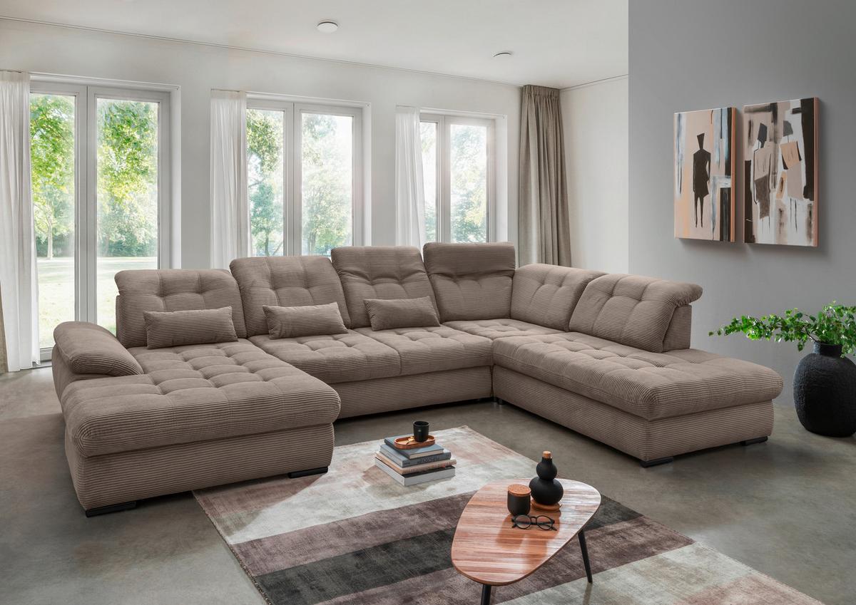 Wohnlandschaft Mit Bettkasten Rigatti Graubraun B: 387 Cm - Graubraun/Schwarz, MODERN, Textil (184/387/252cm) - Livetastic