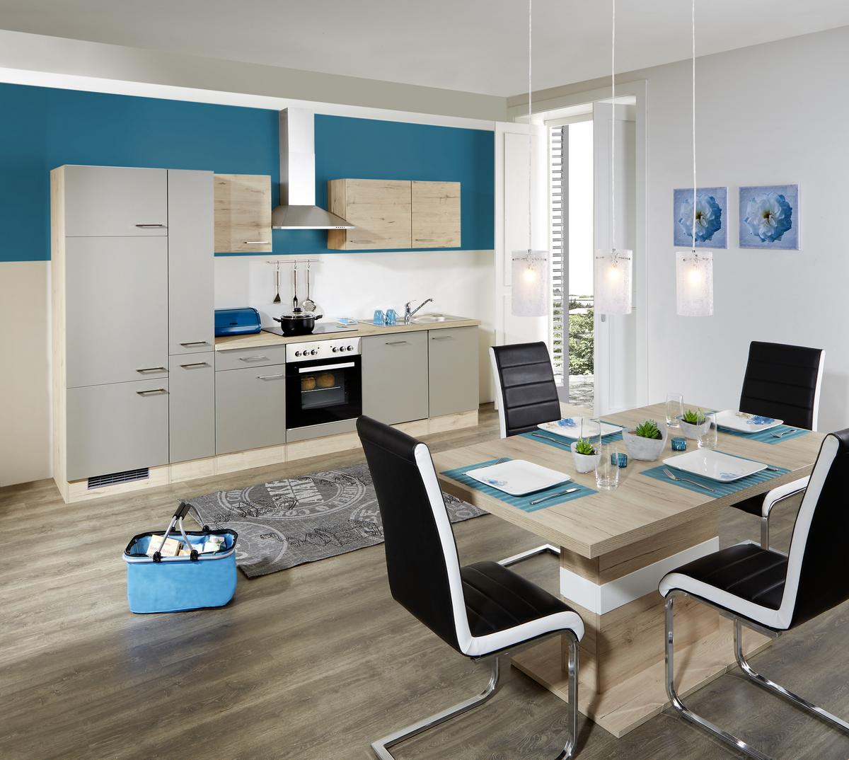 Küchenzeile Riva mit Geräten 310 cm Champagner/Eiche Dekor - Eichefarben, MODERN, Holzwerkstoff (310cm) - FlexWell