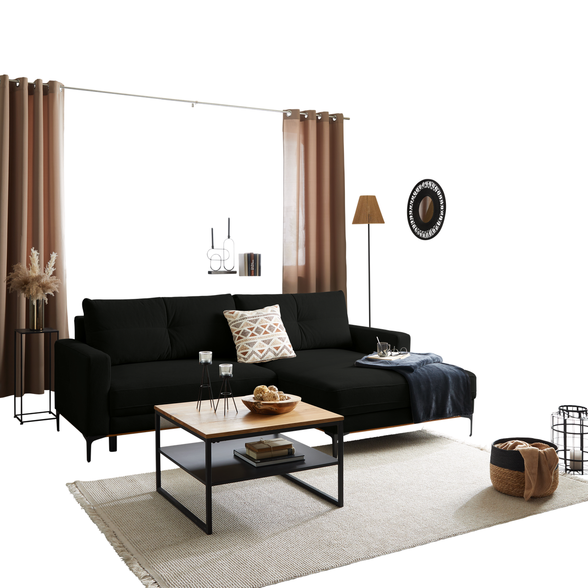 Rohová sedačka BERGAMO, pravá, černá - černá, Moderní, kov/textil (238/162cm) - Ondega