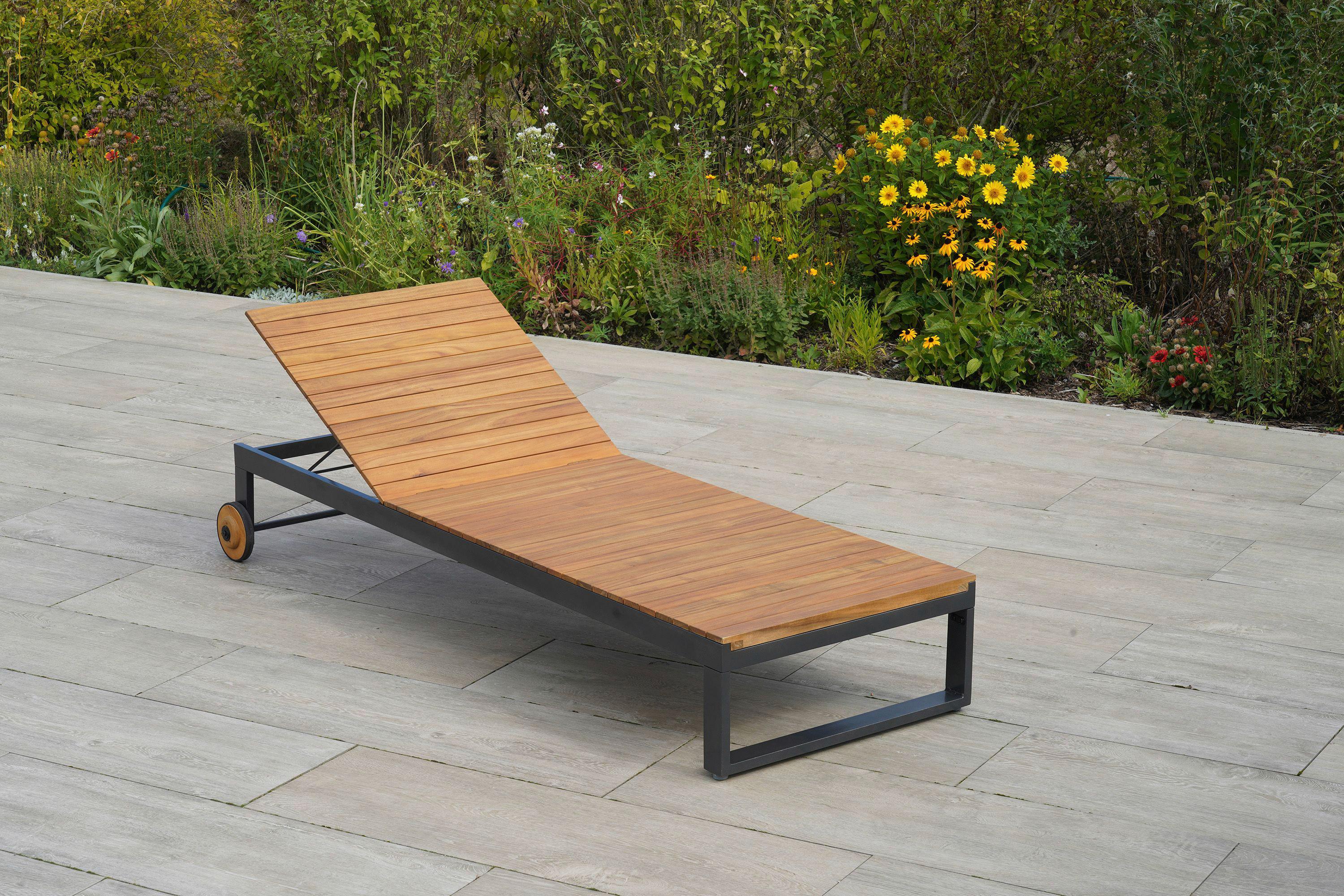 Sonnenliege Santorin Akazienholz/metall Mit Rollen - Graphitfarben/Naturfarben, MODERN, Holz/Metall (200/32/81cm) - Gardenson