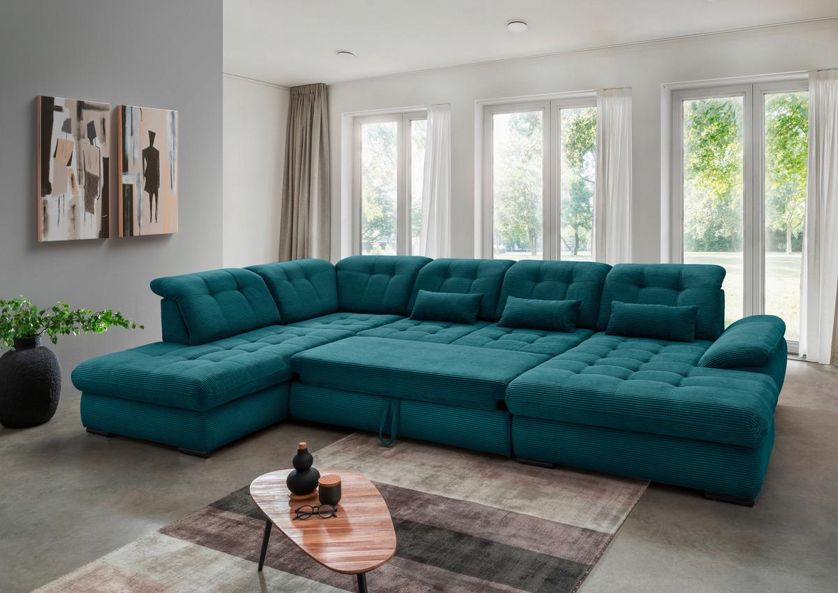 Wohnlandschaft mit Bettkasten Rigatti Petrol B: 387 cm - Petrol/Schwarz, MODERN, Textil (252/387/184cm) - Livetastic