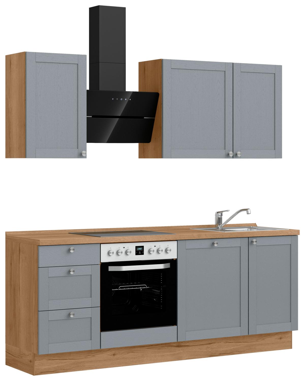 Kuchyňská linka 210 cm, modrošedá / barvy dub - barvy dubu/modrošedá, Romantický / Rustikální, kov/kompozitní dřevo (210cm) - Nobilia