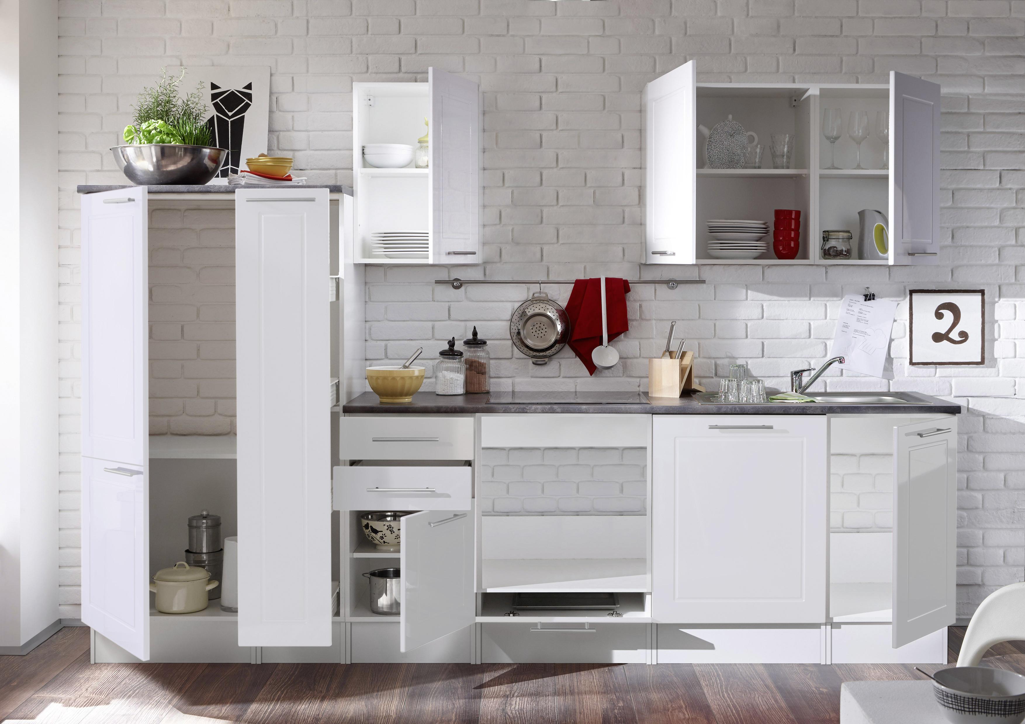 Küchenzeile Welcome ohne Geräte 300 cm Grau/Weiß - Weiß Hochglanz/Weiß, Design, Holzwerkstoff (300cm) - MID.YOU