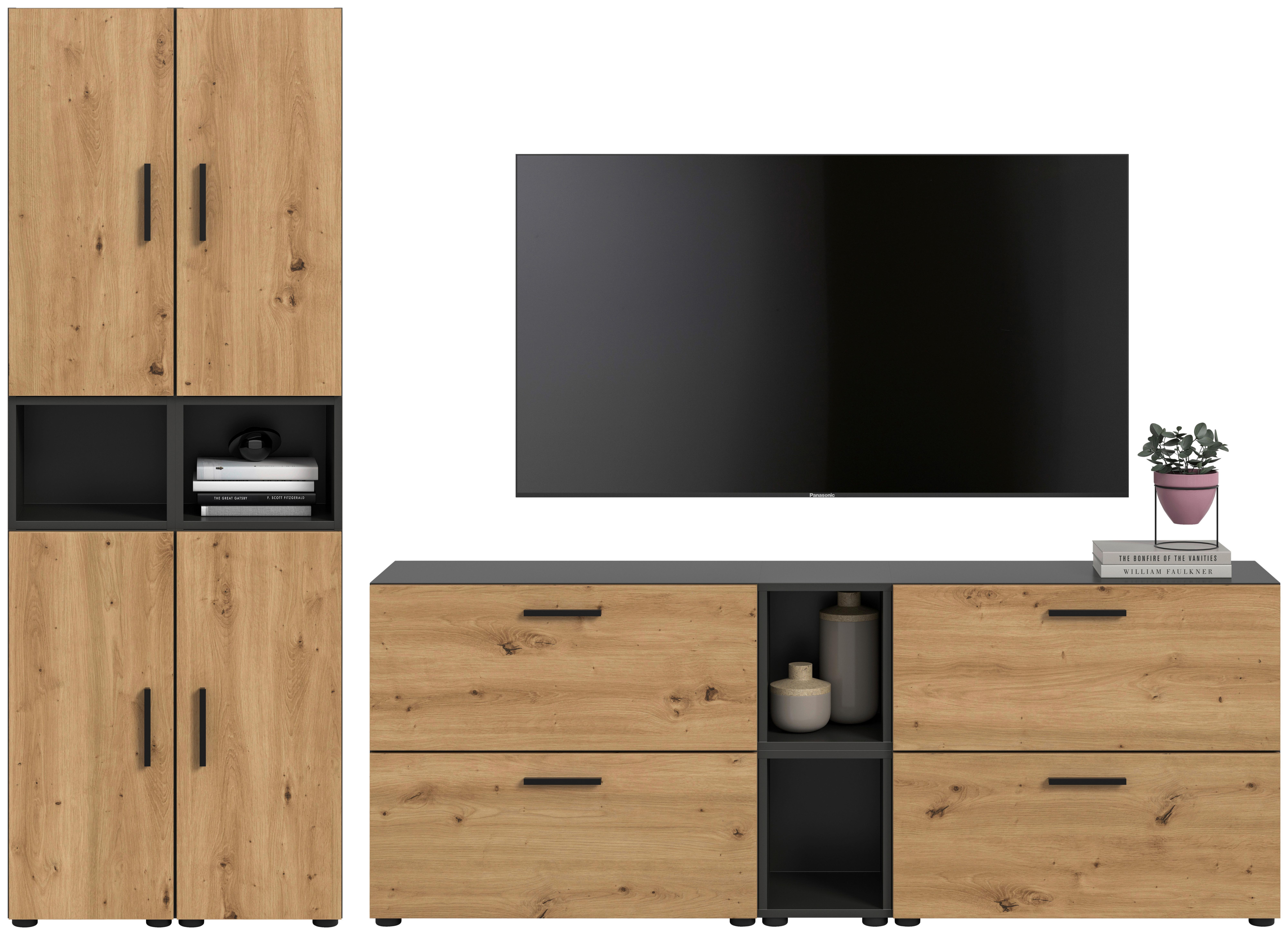 Wohnwand, The One 3, B: 300 cm Artisan Eiche Dekor/Grau - Schwarz/Eiche Artisan, Trend, Holzwerkstoff (260/182/34cm)