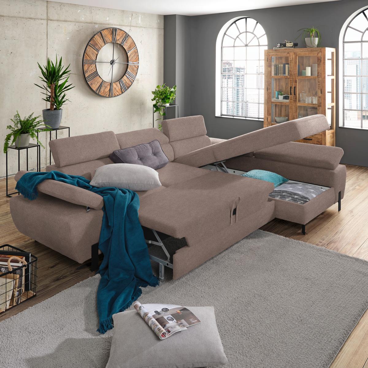 Rohová sedačka MILNA, pravá, sivohnedá - čierna/taupe, Modern, kov/drevo (277/90/189cm) - Mömax