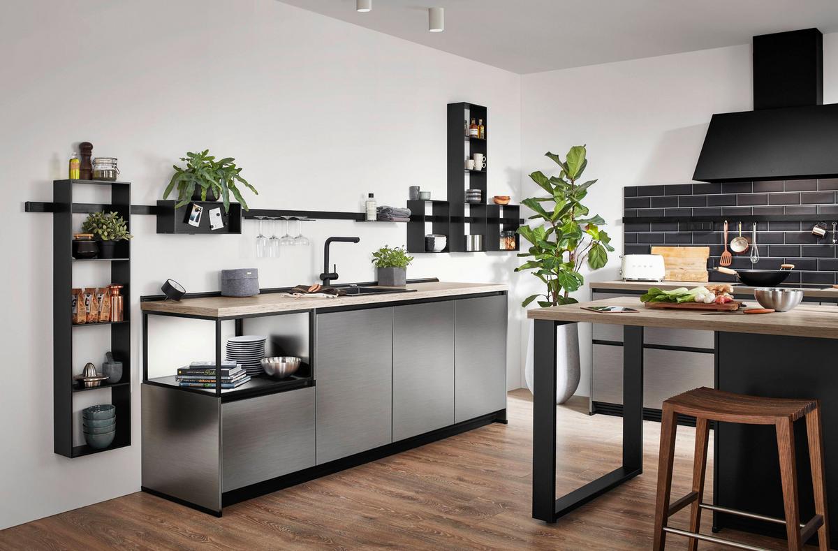 Einbauküche Indiana Frei Planbar Modern, Grifflos - Edelstahlfarben, MODERN, Holzwerkstoff - Vertico