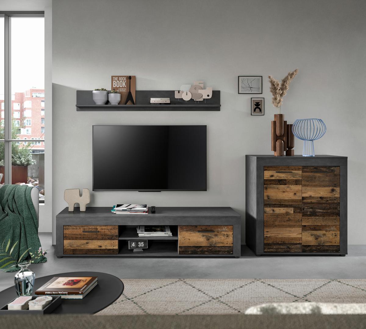 Wohnwand Jam Old Wood Grau 3-Teilig B: 255 Cm - Schwarz/Naturfarben, Design, Holzwerkstoff (255/159/35cm) - MID.YOU