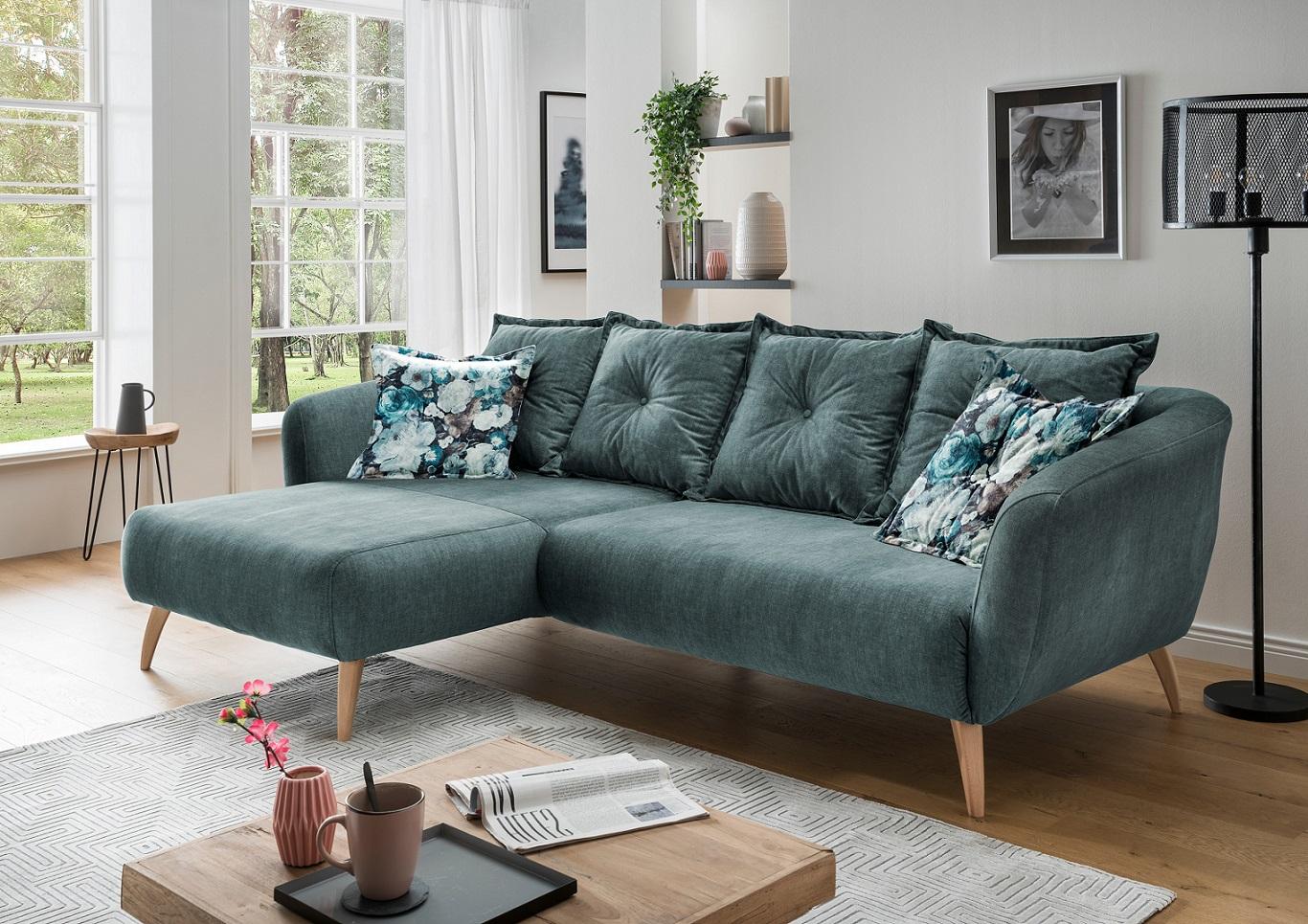 Ecksofa Baggio Dblau/Dgrün S:162/277cm - Blau/Buchefarben, MODERN, Holz/Textil (162/277cm) - Livetastic