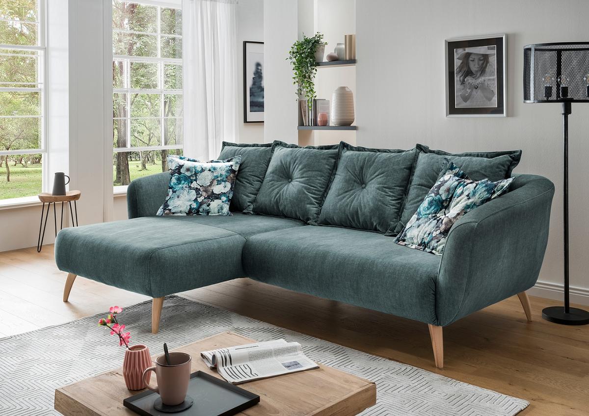 Ecksofa Baggio Dblau/Dgrün S:162/277cm - Blau/Buchefarben, MODERN, Holz/Textil (162/277cm) - Livetastic