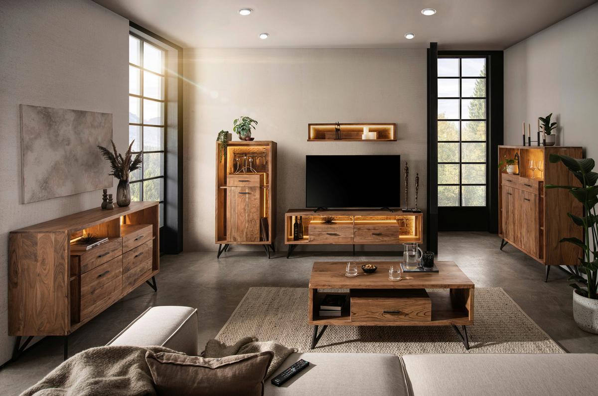 Highboard Indira Akazie Massiv, B: 72 cm - Schwarz/Akaziefarben, ROMANTIK / LANDHAUS, Holz/Metall (72/150/40cm)