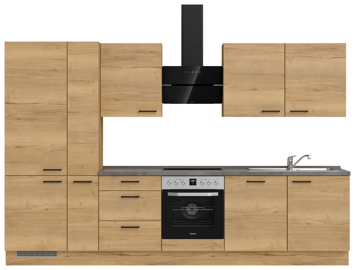 Kuchynská linka 330 cm, dub Sierra - čierna/farba duba, Modern, kov/kompozitné drevo (330cm) - Nobilia