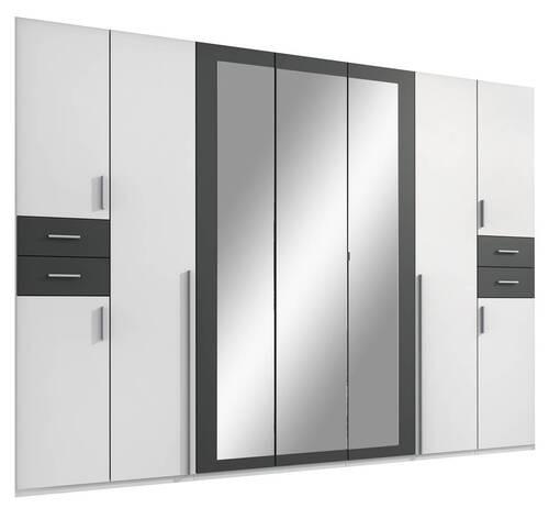 Drehtürenschrank Mit Spiegel + Laden B: 313 cm Vegas, Weiß - Graphitfarben/Weiß, Basics, Holzwerkstoff (313/208/58cm) - MID.YOU