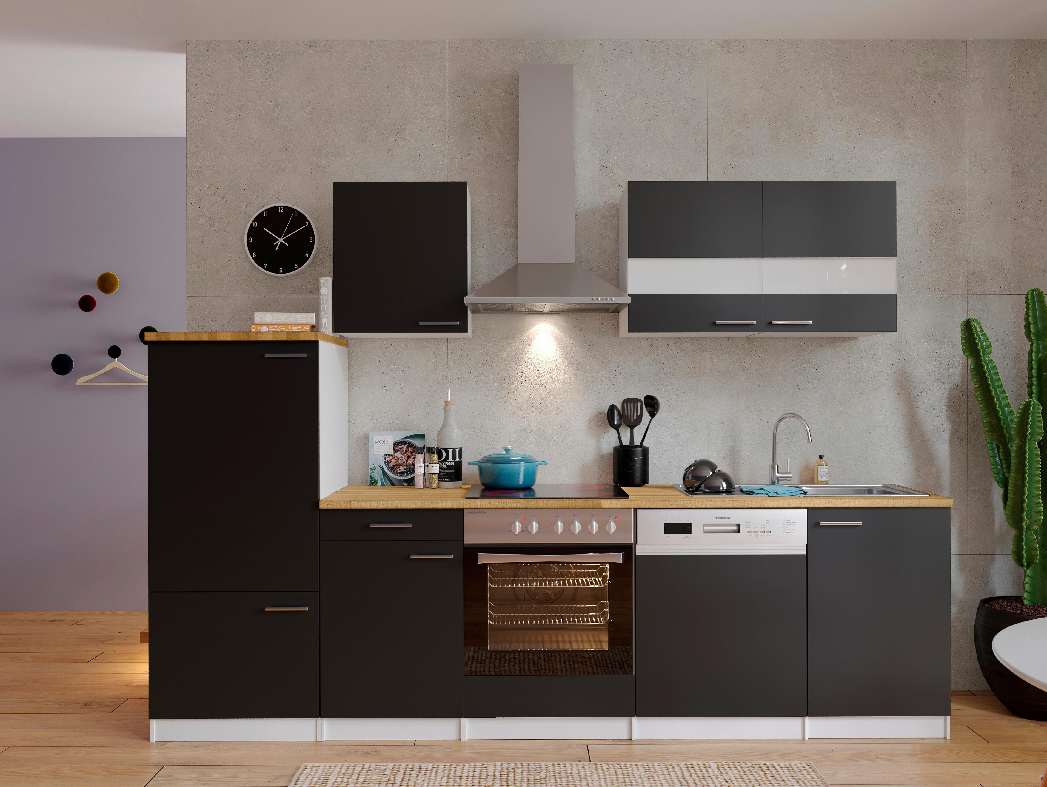 Küchenzeile Economy m. Geräten 280 cm Schwarz/Nussbaum Dekor - Nussbaumfarben/Schwarz, Basics, Holzwerkstoff (280cm) - Respekta